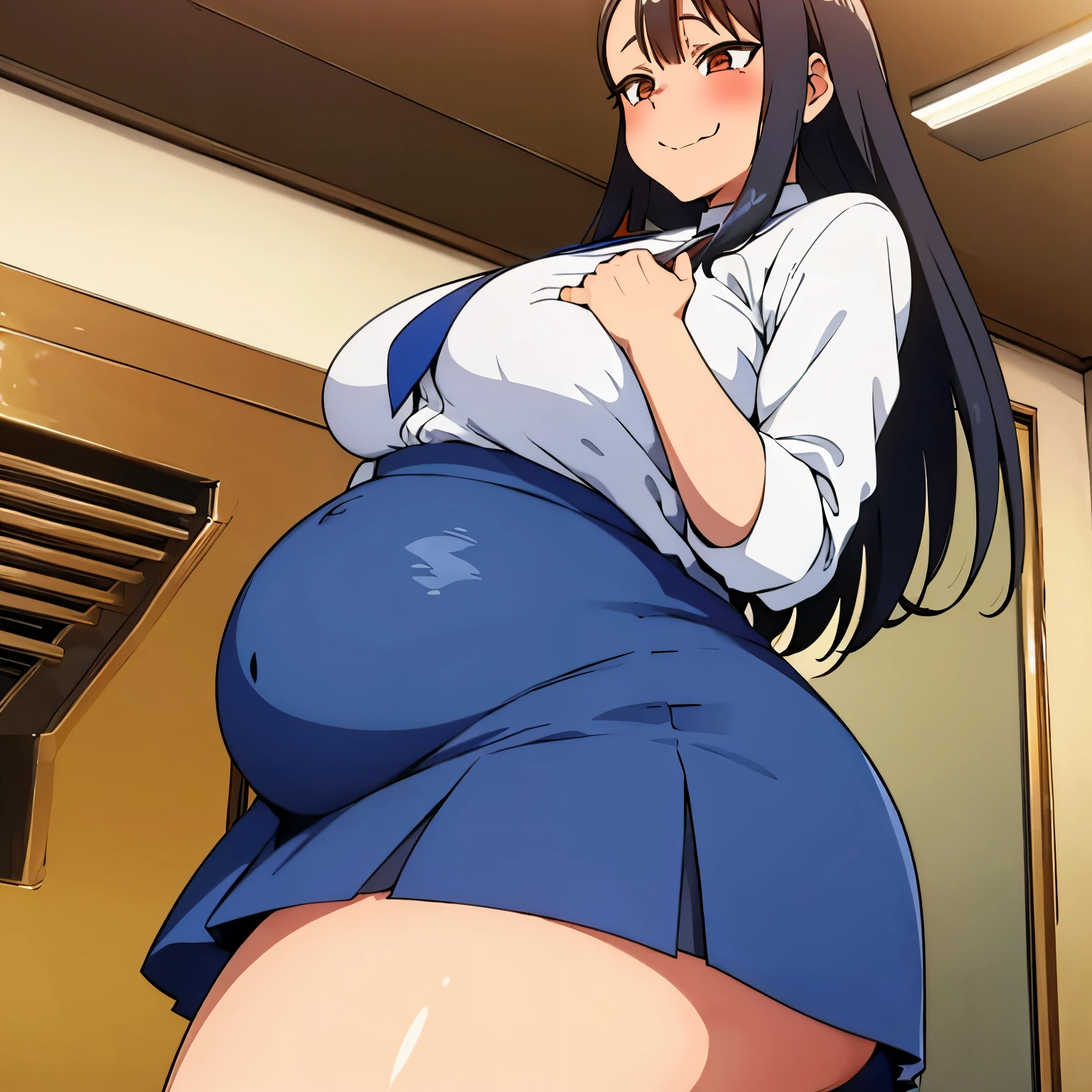 Nagatoro at cafeteria, golden hour lighting, she's wearing a tight white blouse and a dark blue skirt, smirking, thick thighs, hourglass figure, large oppai, SFW, kawaii, she's fat, she has a big fat belly, Don't Toy with Me Miss Nagatoro, Hayase Nagatoro, she's very debu debu, she has a gigantically engorged stomach her ass is wide and fat, she's eating a pastry, she has the biggest belly ever