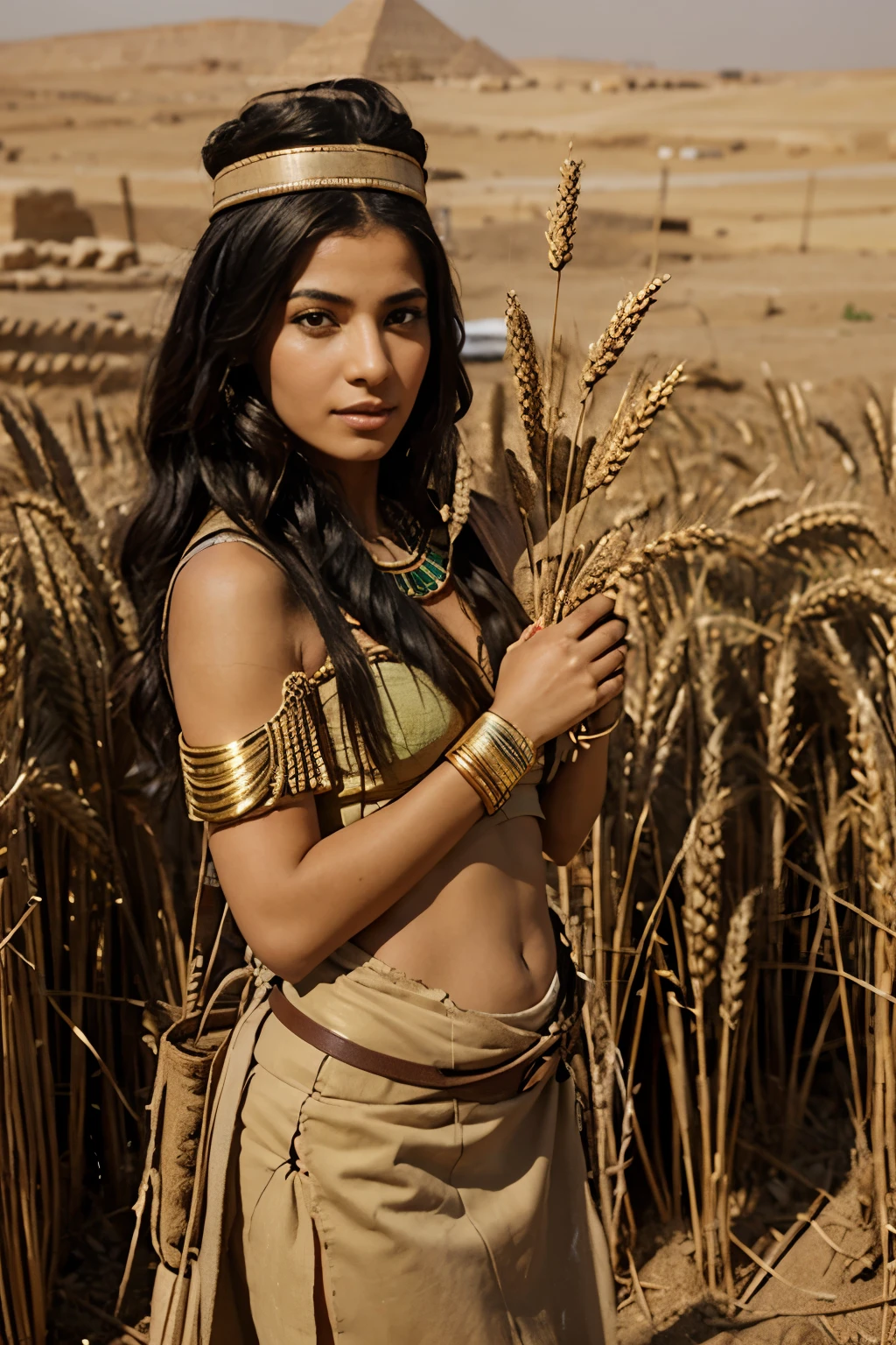 Egyptian woman from ancient Egypt holding two bags of earth, one with barley and the other with wheat
