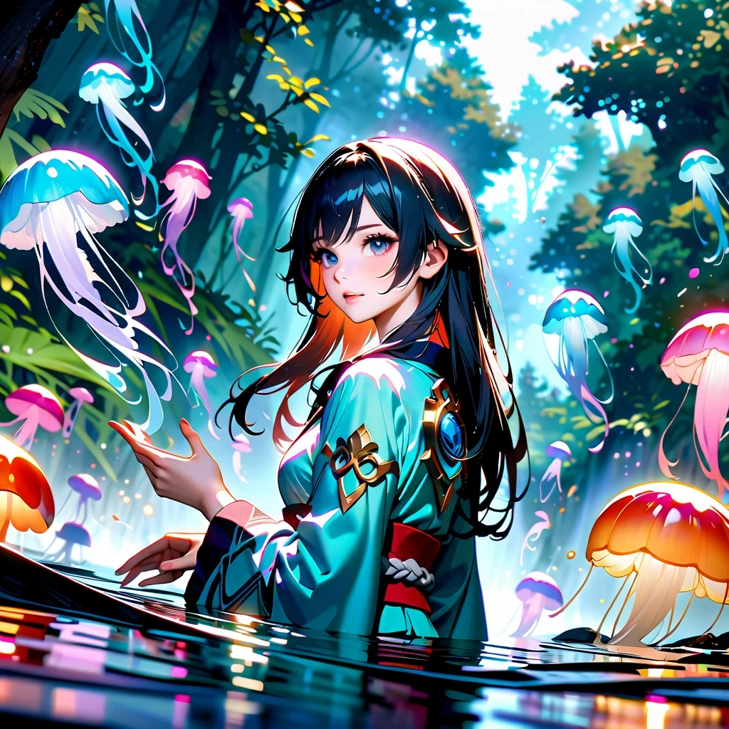 Astonishing, high quality, 4K, Fantasy girl in kimono standing in water with jellyfish, Inspired by《Genshin》Ke Qing, Beautiful anime style artwork, detailed, complicated, lifelike, Vibrant and bright colors, ethereal lights, soft reflection in waters, Tranquil composition, Full body close-up, reflection in water, enchanted forest, anime wallpaper, 2.5d computer graphics image, anime fantasy art, Jellyfish Miko