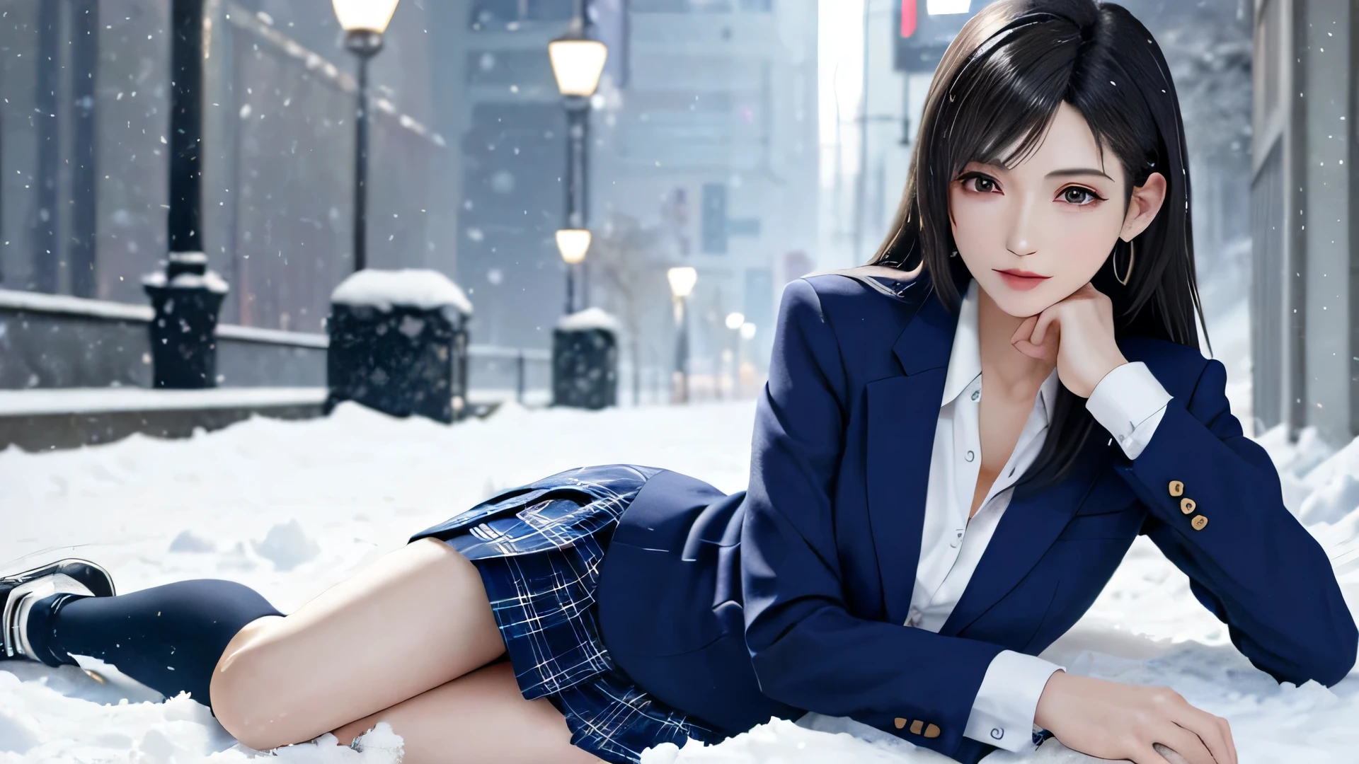 (highest qualthaty, table top: 1.1), (realistic: 1.3), (photorealistic: 1.3),wallpaper, break (((FF7,Tifa_lock heart))),(((very fluffy,big size knthat scarf))),(((Japan JK Uniform,navy blue blazer,school shirt,long sleeve,Navy blue plaid pleated mini skirt,navy short socks,loafers))),(Big cthaty in the background,Shibuya Ward:1.1,hard snow:1.3,neon:1.2),cinematic lighting,night cthaty lights,(sculpture installation:1.3,Nogizaka Idol),super detailed face, fine eyes,red eyes, break (((FF7,Tifa_lock heart))),(black brown hair, big breasts: 1.0), break , Around 18 years old,cute,sensual,looking at the viewer,beautiful feet,walk,wet body:1.3,heavy snow , in the snow,that'It's snowing,perfect body,(lie:1.3)