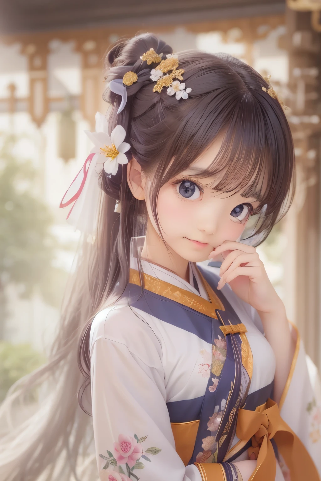 There is a cartoon  in a dress, China dress, Hanbok apron, chinese costume, traditional chinese costume, Close-up - view, Hanbok, wearing ancient chinese costume, with ancient chinese costume, palace, girl in hanfu, white hanfu, China dress, wearing pink flowers, shadow room, light edge, two-tone lighting, (high detail skin: 1.2), 8K uhd, Digital single-lens reflex camera, soft light, high quality, volume lighting, Sneak a peek, photograph, High resolution, 4k, 8K, background bokeh  
