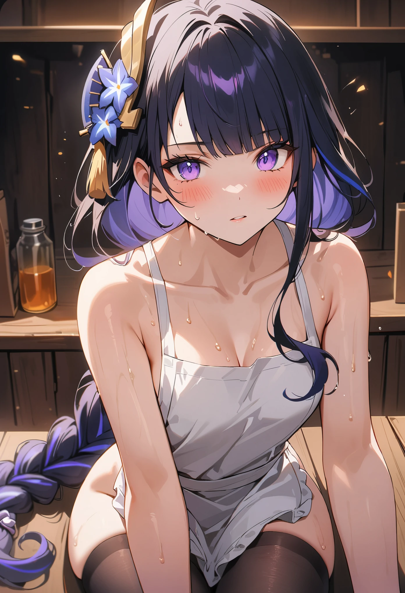 UHD, ccurate, masterpiece, anatomically correct, textured skin, super detail, best quality, 16k, 1080P,SOLO,(1 Female,perfect body),(purple long hair with long single braid),(wearing A nude apron:1.7),(sweating skin:1.7),(Wearing black Silk Stockings:1.7),(Open pose:1.7),(Full blush:1.7),(In kitchen)，(Genshin Impact/Raiden Shogun),[detail face]