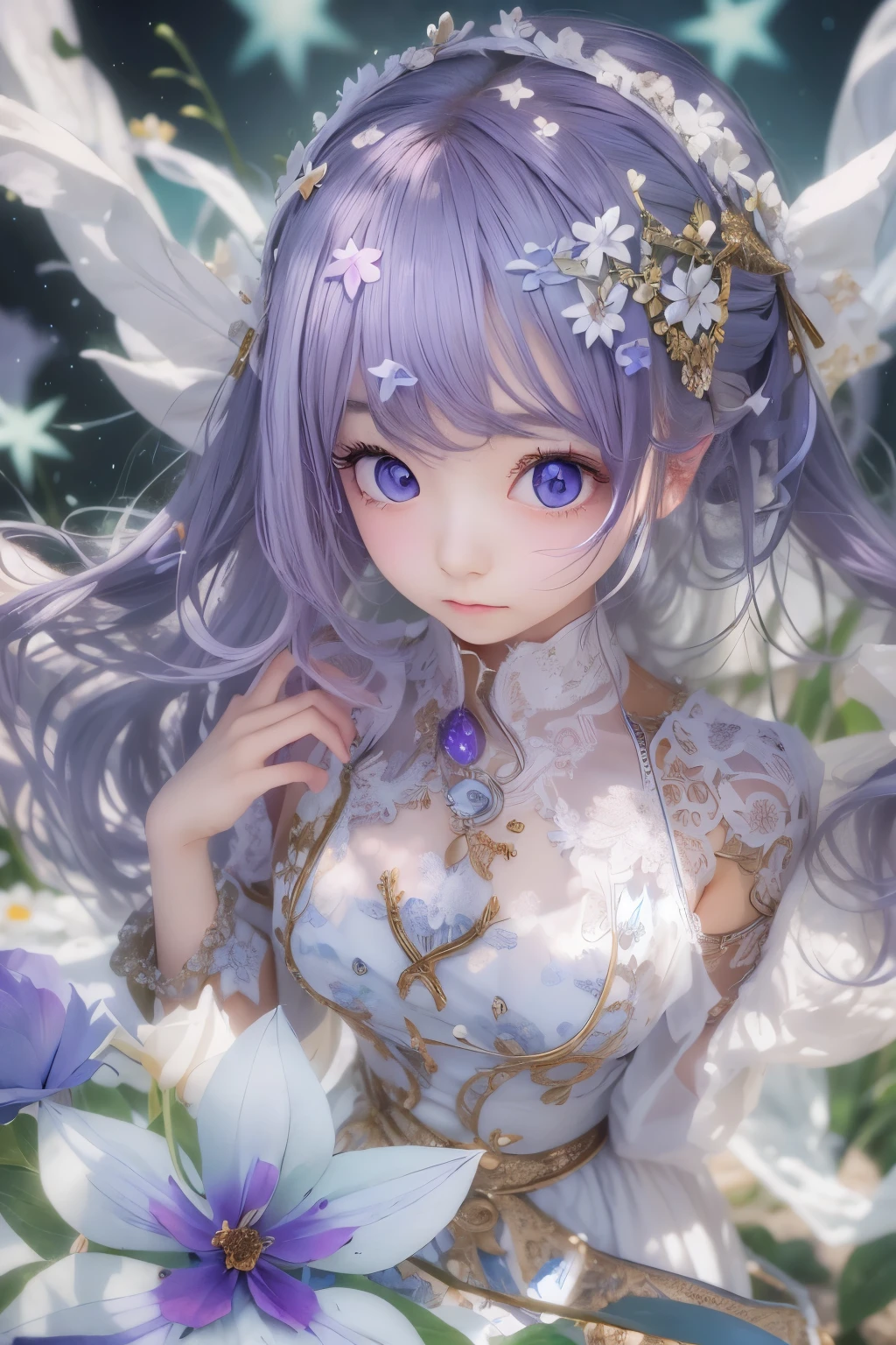 masterpiece, highest quality, Super detailed, figure, , , 1 girl,alone, image body, flower, looking at the viewer, , , purple eyes, eyes like jewels, very fine eyes, highly detailed face,, , star (null), star座,  purple energy,  handrail, 流star