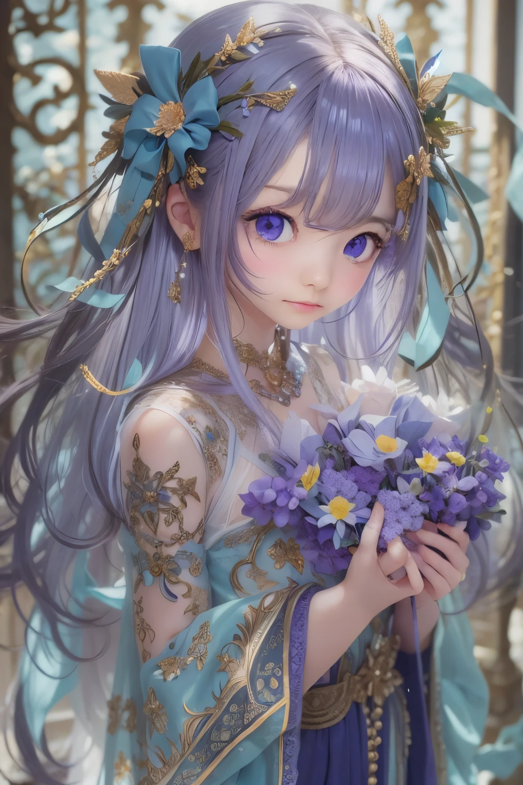 masterpiece, highest quality, Super detailed, figure, , , 1 girl,alone, image body, flower, looking at the viewer, , , purple eyes, eyes like jewels, very fine eyes, highly detailed face,, , star (null), star座, purple energy, handrail, 流star