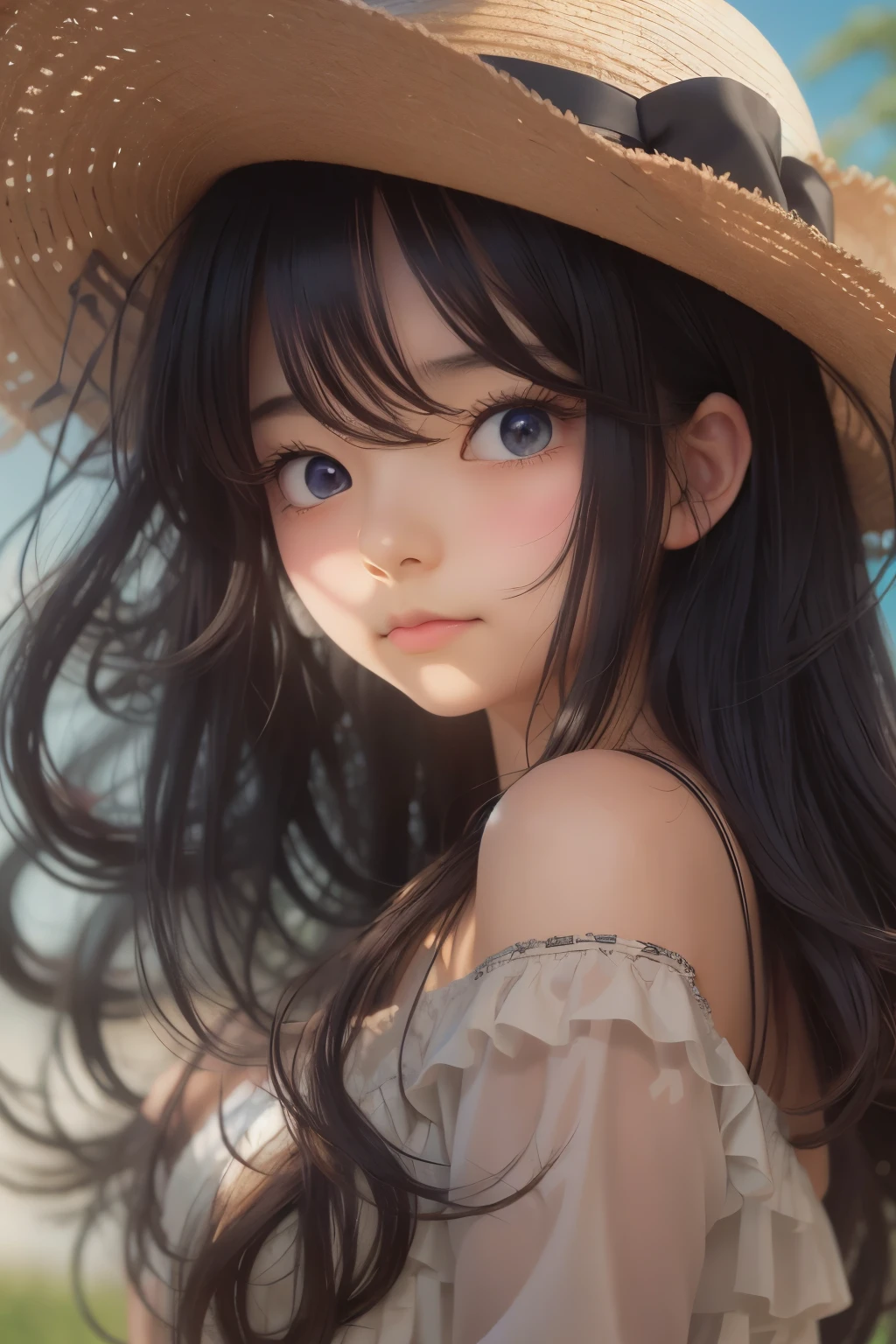 Anime girl with long black hair wearing a straw hat, anime style 4k, beautiful anime portrait, anime moe art style, anime art wallpaper 4k, anime art wallpaper 4k, High quality anime art style, anime style portrait, Gweiz, artwork in the style of Gweiz, detailed digital anime art, anime art wallpaper 8k, cute anime girl portrait