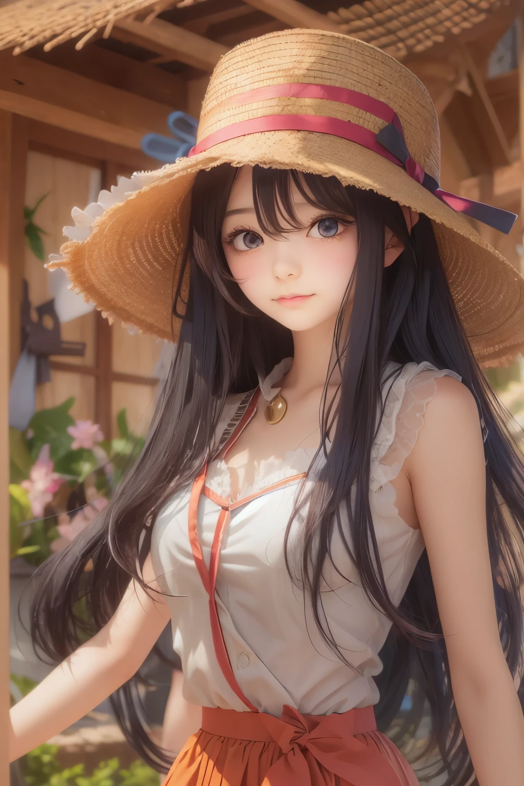 Anime girl with long black hair wearing a straw hat, anime style 4k, beautiful anime portrait, anime moe art style, anime art wallpaper 4k, anime art wallpaper 4k, High quality anime art style, anime style portrait, Gweiz, artwork in the style of Gweiz, detailed digital anime art, anime art wallpaper 8k, cute anime girl portrait