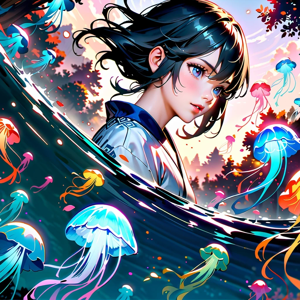 Astonishing, high quality, 4K, Fantasy girl in kimono standing in water with jellyfish, Inspired by《Genshin》Ke Qing, Beautiful anime style artwork, detailed, complicated, lifelike, Vibrant and bright colors, ethereal lights, soft reflection in waters, Tranquil composition, Full body close-up, reflection in water, enchanted forest, anime wallpaper, 2.5d computer graphics image, anime fantasy art, Jellyfish Miko