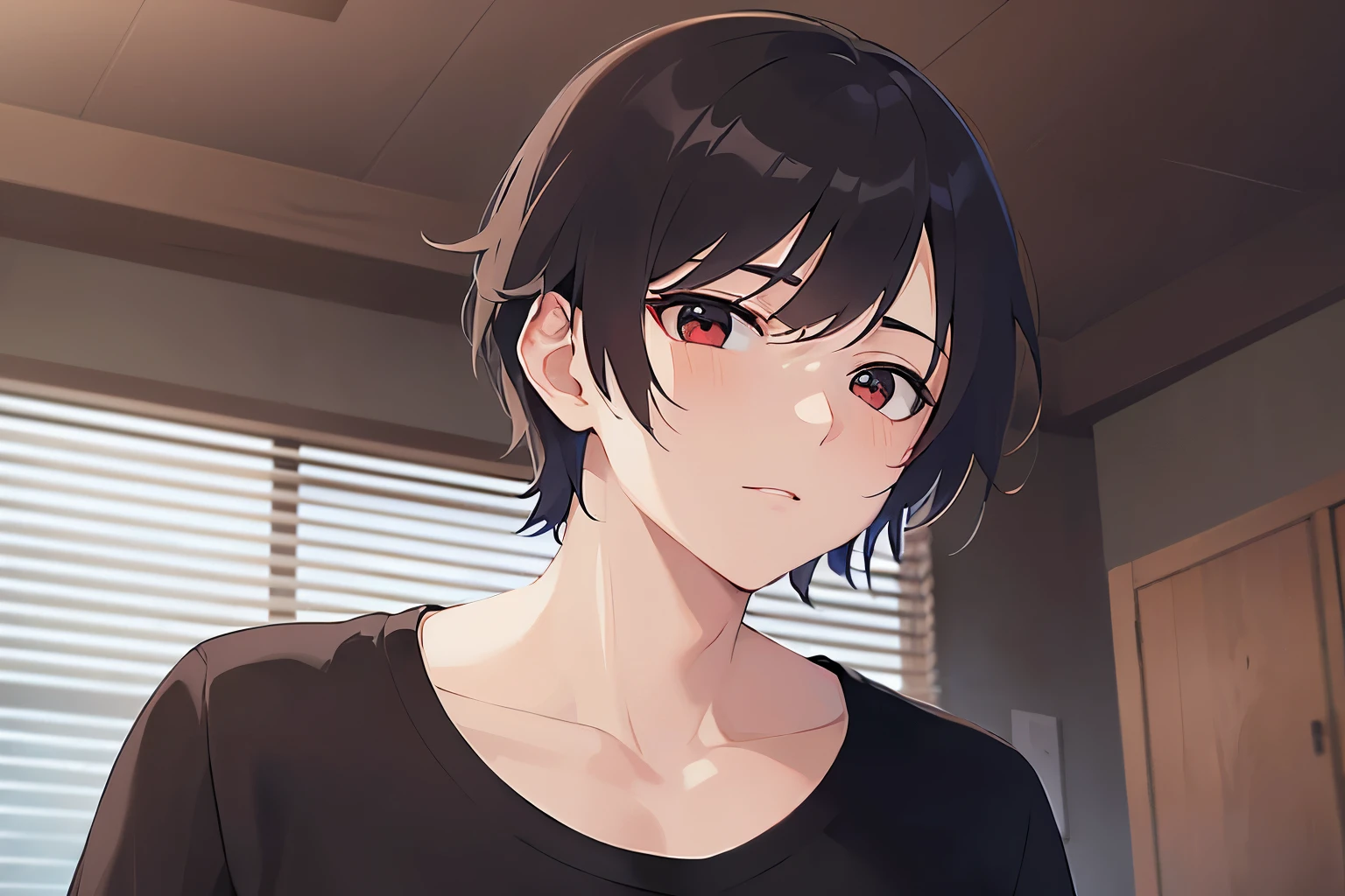 masterpiece、highest quality、(25 year old male:1.5) and (brown short hair) and (red eyes), Wearing a plain black T-shirt、serious expression, The background is the living room at night、illumination、(Alone:1.5)、Upper body is shown、Are standing