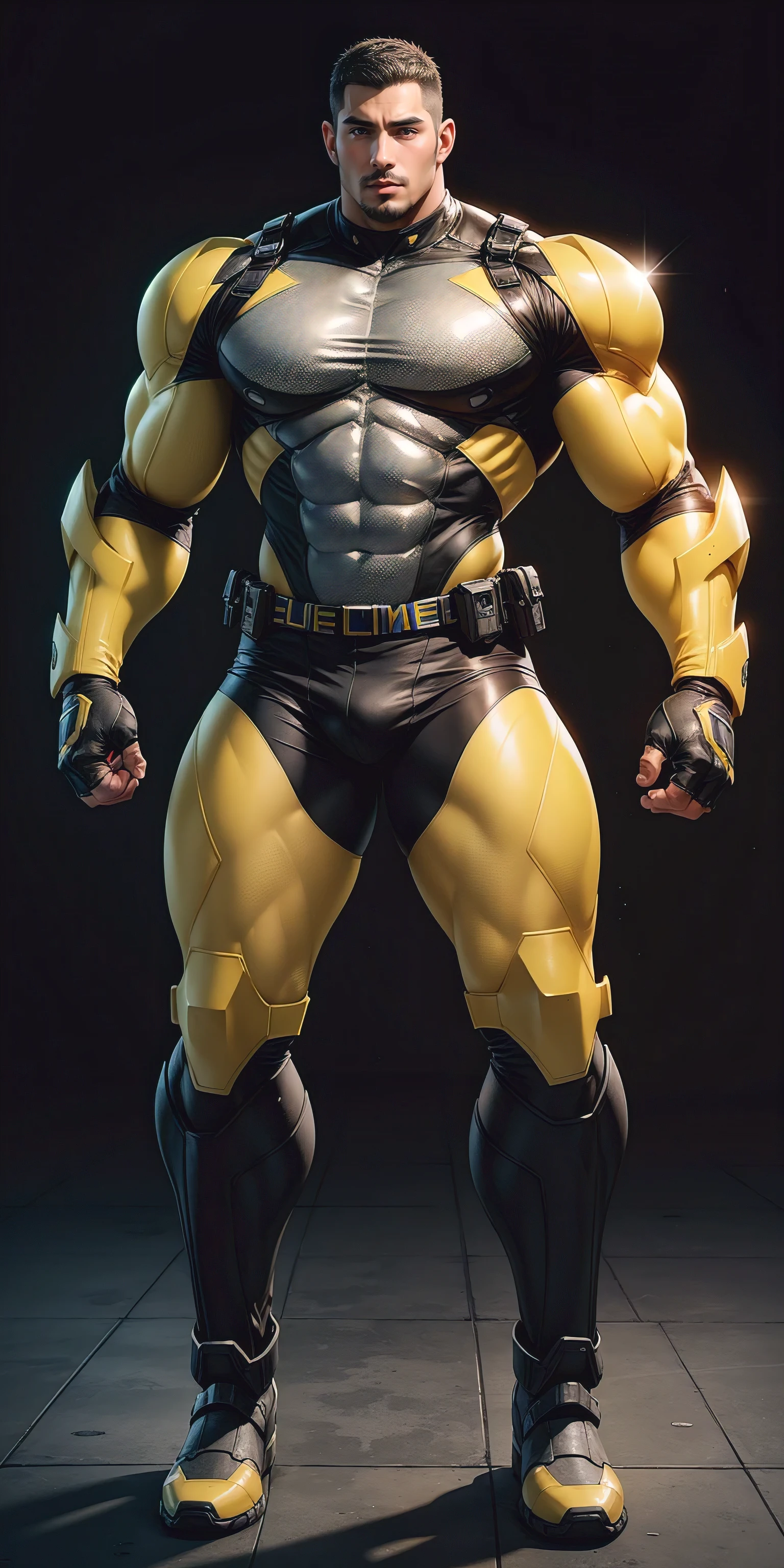 Tall giant muscular police officer，Yellow-gray honeycomb network pattern nano mecha，honeycomb pattern，Lightweight texture，character concept（Resident Evil - chris redfield，chris redfield）senior police officer，small grid texture，regular symmetrical texture pattern，sad expression，Deep and charming eyes，emerald eyed hero，heroic male pose，tall burly，muscular！Charming leg muscles，High, burly, Heqiang，  Super gain and cool， high resolution committee， Yellow-gray ultra-thin nano mechanical boots suitable for big feet，Charming strong man，The bright sunshine is shining on you，matte particles，shiny texture