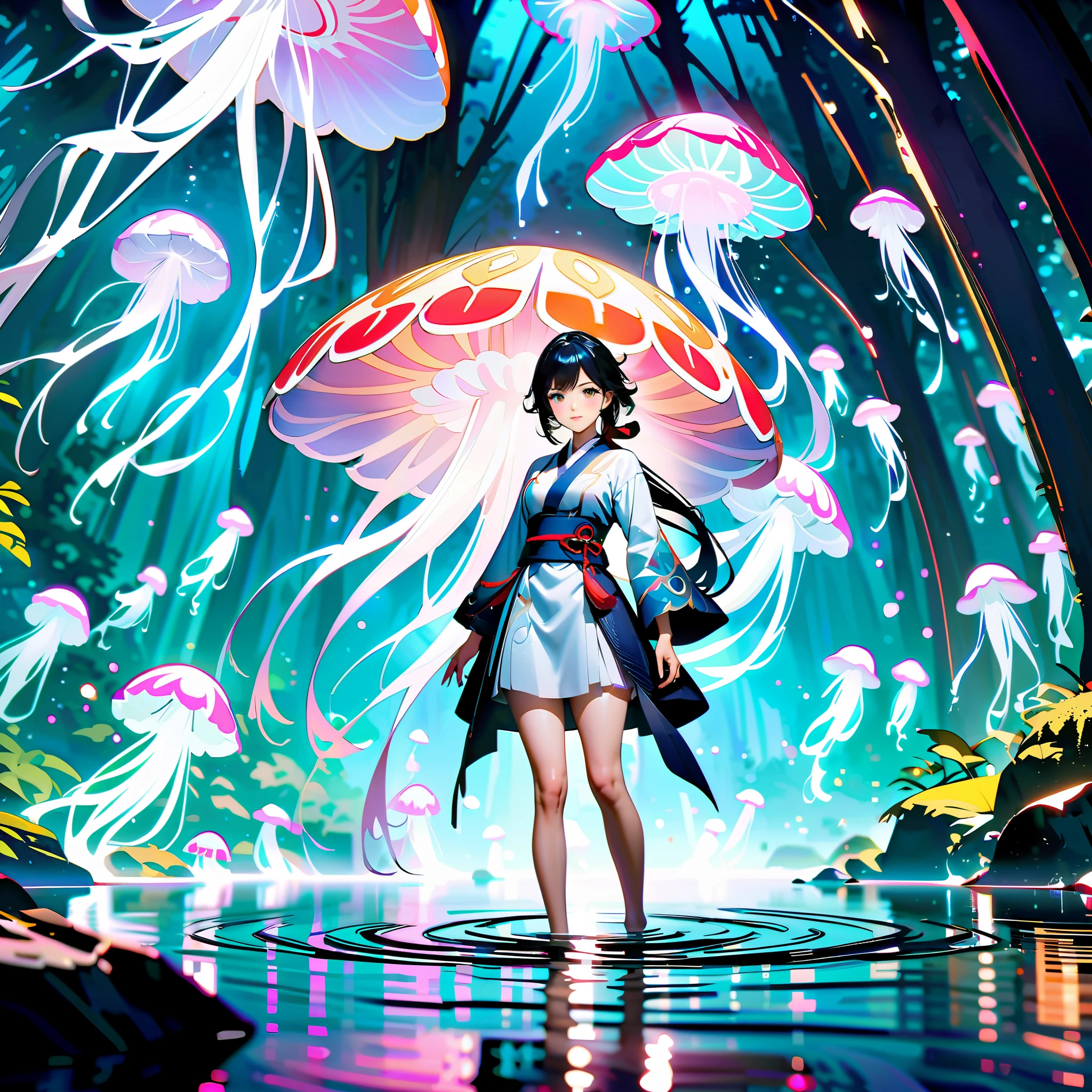 Amazing, high-quality, 4K, fantasy girl in a kimono standing in water with jellyfish, inspired by Ke Qing from Genshin Impact, beautiful anime style artwork, detailed, complex, lifelike, vibrant and bright colors, ethereal lights, soft water reflections, serene composition, full-body close-up, water reflection, magical forest, anime wallpaper, 2.5D CGI, anime fantasy art, Jellyfish Miko