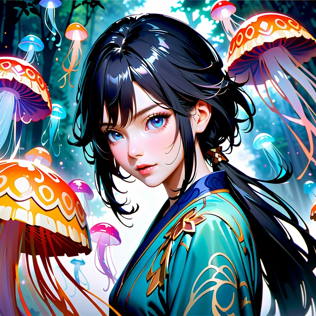Astonishing, high quality, 4K, Fantasy girl in kimono standing in water with jellyfish, Inspired by《Genshin》Ke Qing, Beautiful anime style artwork, detailed, complicated, lifelike, Vibrant and bright colors, ethereal lights, soft reflection in waters, Tranquil composition, Full body close-up, reflection in water, enchanted forest, anime wallpaper, 2.5d computer graphics image, anime fantasy art, Jellyfish Miko