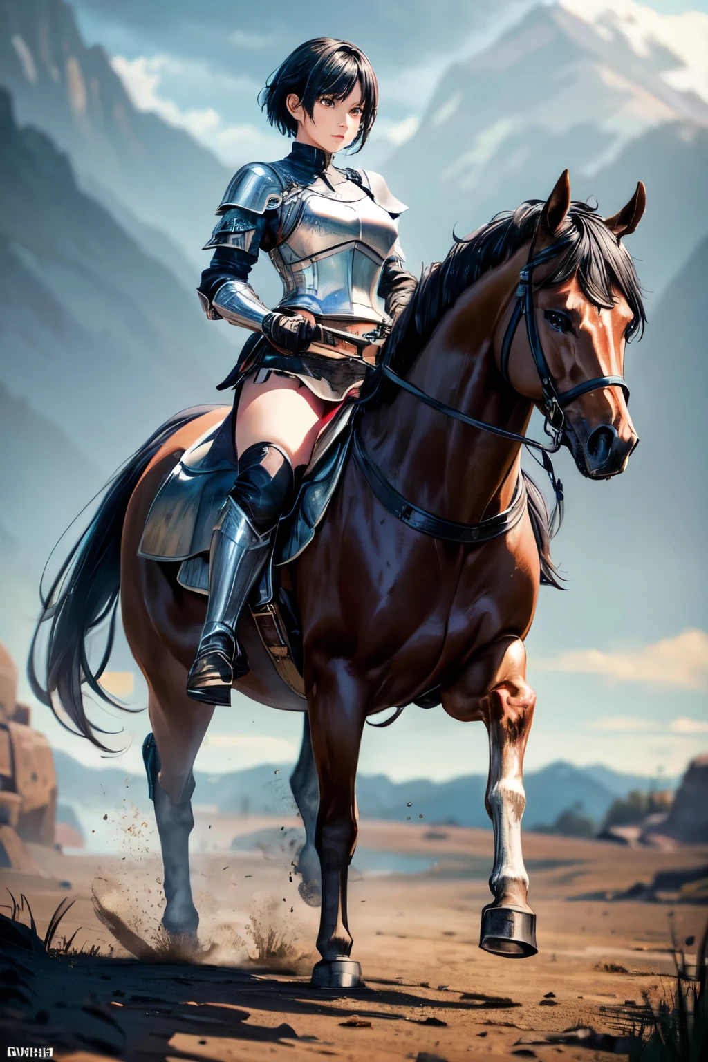 8k, realistic, vivid colors, ((best quality)), ((masterpiece)), (detailed), perfect face, pixie cut, {black hair}, BREAK, horseback riding, brown horse, (saddle, stir ups, rein), running: 1.2, 20 years old, female knight, (black armor, black gauntlet, black miniskirt, black armored boots), outdoor, ((raining)), muddy landscape, wet body, anatomically correct,
