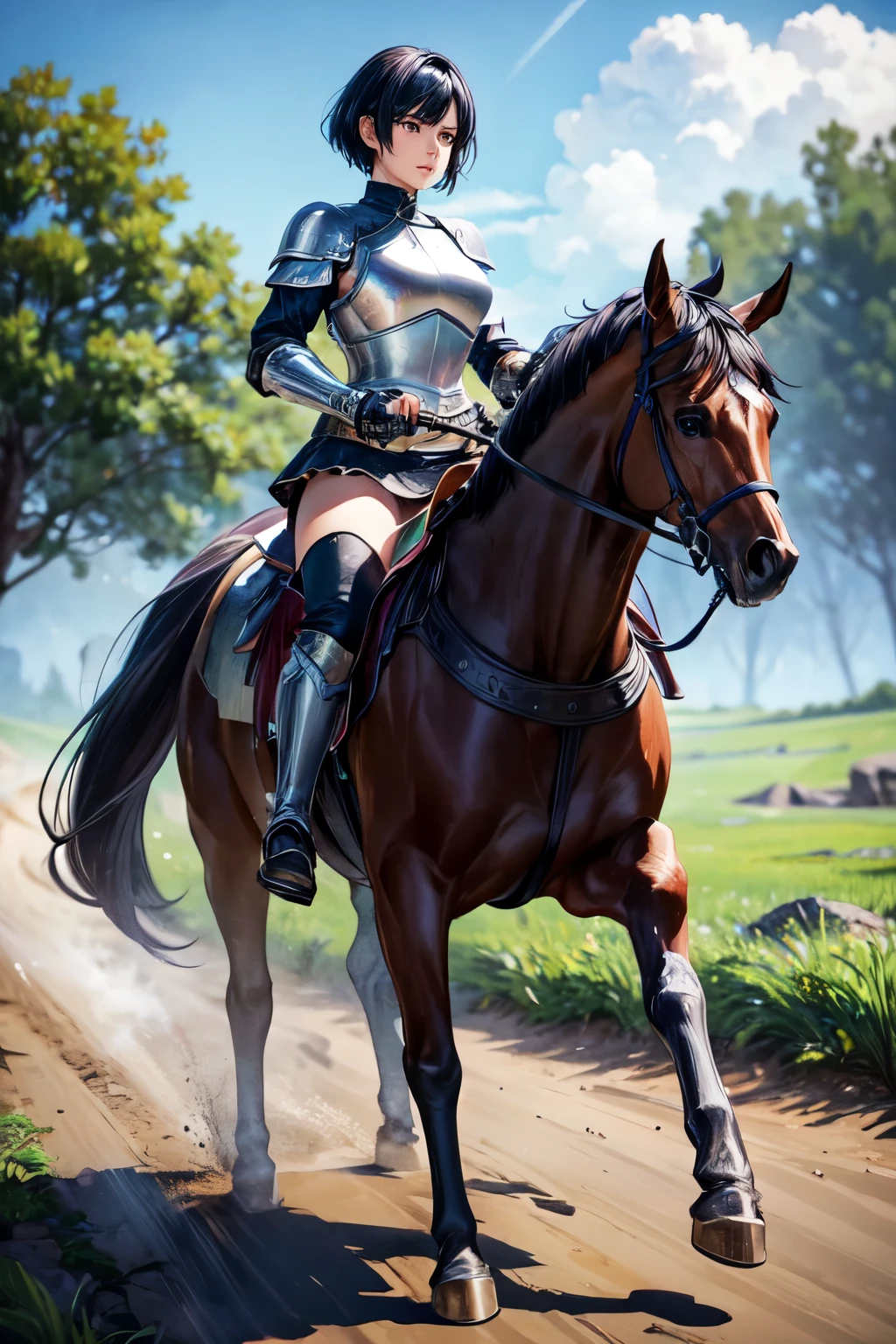 8k, realistic, vivid colors, ((best quality)), ((masterpiece)), (detailed), perfect face, pixie cut, {black hair}, BREAK, horseback riding, brown horse, (saddle, stir ups, rein), running: 1.2, 20 years old, female knight, (black armor, black gauntlet, black miniskirt, black armored boots), outdoor, ((raining)), muddy landscape, wet body, anatomically correct,