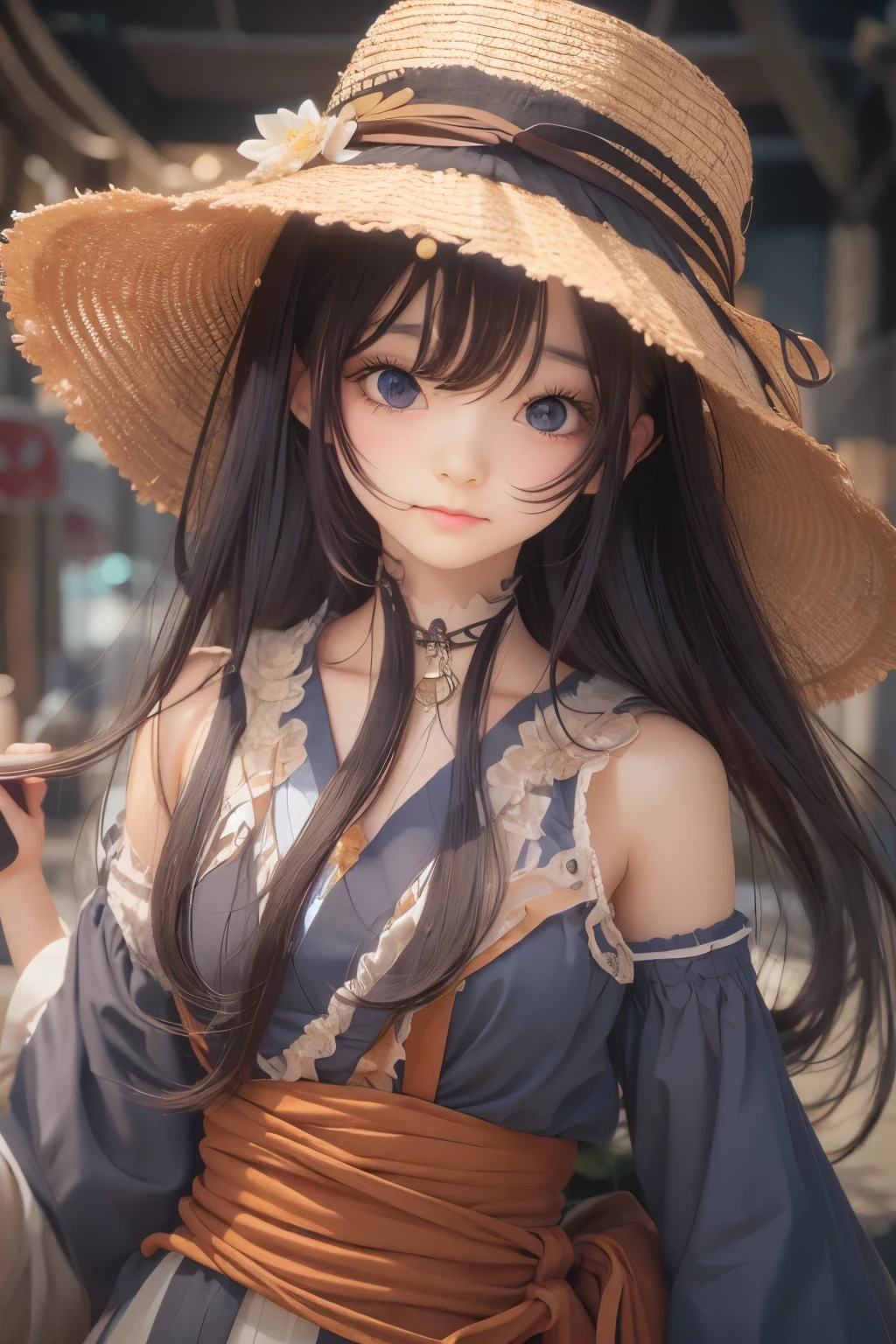 Anime girl with long black hair wearing a straw hat, anime style 4k, beautiful anime portrait, anime moe art style, anime art wallpaper 4k, anime art wallpaper 4k, High quality anime art style, anime style portrait, Gweiz, artwork in the style of Gweiz, detailed digital anime art, anime art wallpaper 8k, cute anime girl portrait
