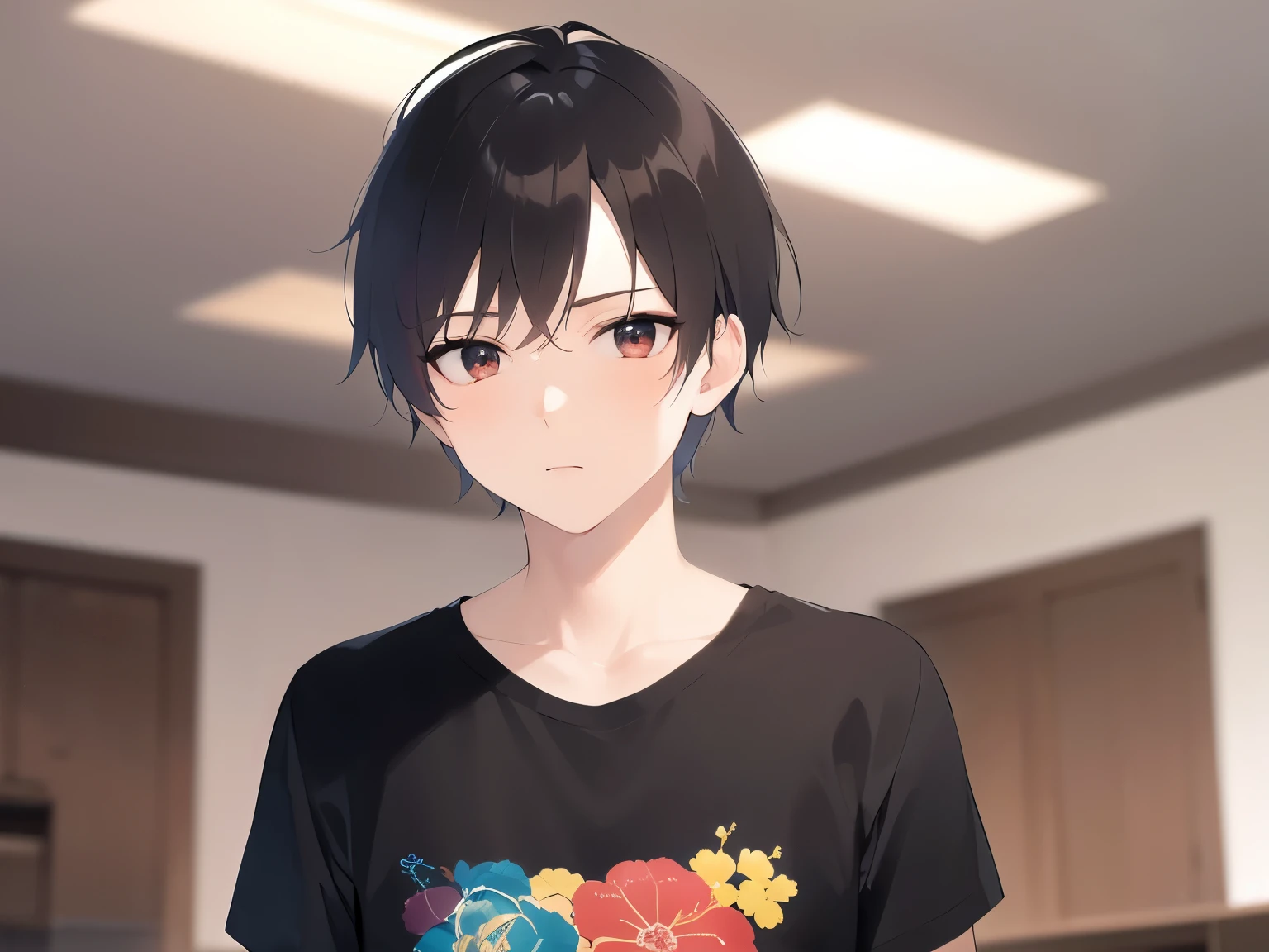 masterpiece、highest quality、(25 year old male:1.5) and (brown short hair) and (red eyes), Wearing a plain black T-shirt、serious expression, The background is the living room at night、illumination、(Alone:1.5)、Upper body is shown、Are standing