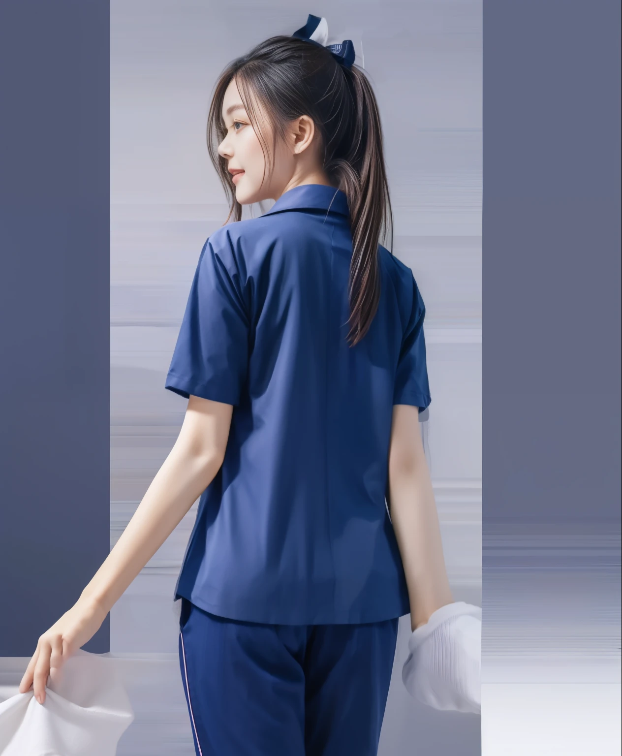 (best quality,10,10,height,Masterpiece:1.2),Special details,(realistic,ภาพrealistic,Realistic photos:1.37),1 Cute girl in the kitchen,shiny, ผิวshiny,only,smile softly,BDclothelue shirt:1.3)),short sleeve,shirt, กางเกงขาlong.,(navy_long_track pants:1.1), ((Kitchen Background)),Dynamic angle,excited,Face focus,dynamic poses,from behind,focus on ass,Masterpiece, best quality, ultra realistic, Too many details, 8k resolution, raw photos, Sharp focus, ((Navy blue shirt:1.1)), short sleeve, เส้นทางlong, perfect body, 2 mature women, 18 years old, Cinema-grade lighting system,blue sweatpants,shirtผ้าออกกำลังกาย,correct anatomy,perfect body, correct body, Sharp face, correct bodyทางกายวิภาค, full body, realistic gestures, long-haired, realistic poses,Wear long shorts...........................,ช่วงขาlong,Good shape,carved girl, Slender figure, model, Good shape, beautiful body,blue sweatpants, two girls kissing