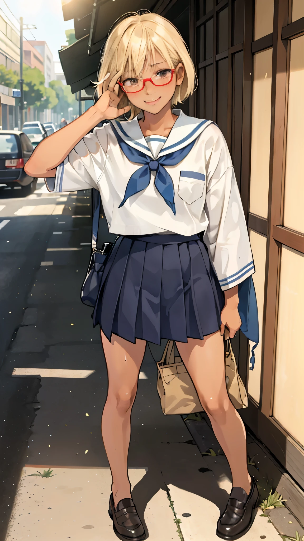 (super flat, flat shading), Honors Type, Really blushing, , Japanese school girl, Short bob cut blonde hair, Glasses, (((sun burn dark skin))), sweaty healthy body, mesugaki smile, , bare legs, loafers, ultra realistic, early morning, standing in crowded street, v sign, female masturbation
