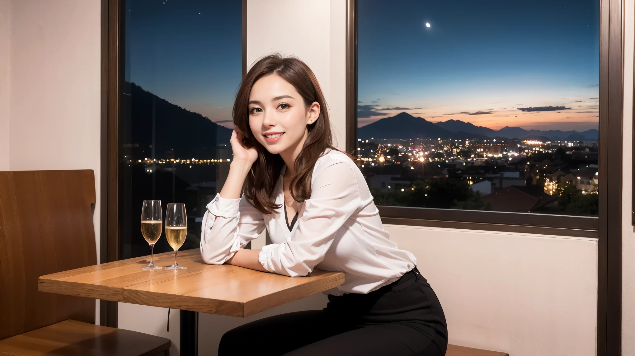 K, Hmm, highest quality, masterpiece: 1.2), (realistic, photorealistic: 1.37), super beautiful sky and clouds、Sunset and mountain views, 3 slim beauties, (slim face),Happy、 the best smile、Fox face、Berry Short、(because I'thin), (brown hair), (shortcut), long sleeve shirt、winter fashion、Colombian、Brazilian、Japanese、Dutch、German、Portuguese、Belgian、Italian、French,Champagne、sparKling wine、 (gush out), (slim body), (brown hair), (shortcut), neat beauty、cheeKs turn a little red, (42 years old), 38 years old, alone, A beautiful and detailed night view spreads out outside the window...., restaurant, wine glass is sitting, At night, in a prominent place (from the Upper body) nova frog style, actress, model, Upper body, White wine, slim, wine glass, Very beautiful night view, wine glass Put in the Middle, Happy smile, (smile: 1.15),