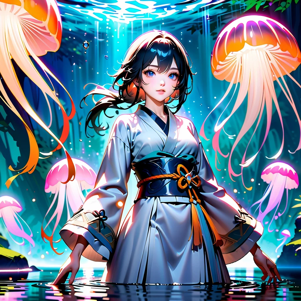 Astonishing, high quality, 4K, Fantasy girl in kimono standing in water with jellyfish, Inspired by《Genshin》Ke Qing, Beautiful anime style artwork, detailed, complicated, lifelike, Vibrant and bright colors, ethereal lights, soft reflection in waters, Tranquil composition, Full body close-up, reflection in water, enchanted forest, anime wallpaper, 2.5d computer graphics image, anime fantasy art, Jellyfish Miko