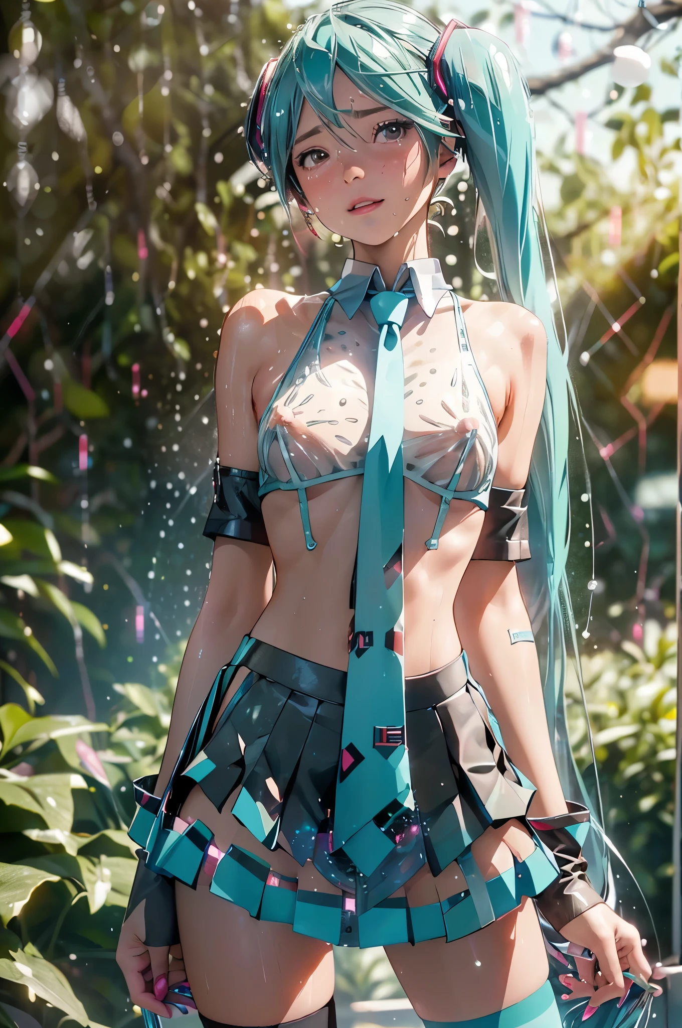 ((Perfect Anatomy)), ((Excellent)), ((Masterpiece)), (Pushing up super miniskirt:1.4), ((Big breasts:1.4)), Showing pussy, tearful eyes, shy, (From pussy Overflowing sperm:1.5), Blushing woman, ((There is a bell at the end of the string coming out of the anus)), Adult cute woman, Beautiful face, Realistic body, Realistic eyes, (See-through:1.4), White Knee-highs, wet G-stripe, spread legs, lower breasts, (shiny and bold skin, sweating:1.4), ((((bokeh of other characters:1.5)))), ((bokeh:1.5) ) ), slender, puffy nipples, (brown hair), (Hatsune Miku:1.5), 