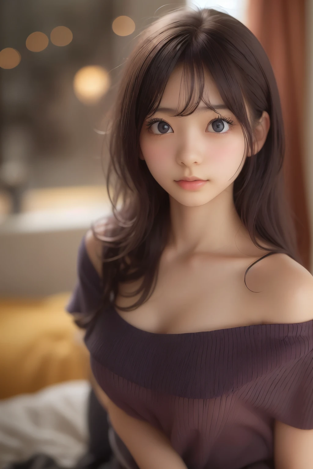 Ultra High Resolution, (Realistic: 1.4), RAW Photo, Best Quality, (Photorealistic), Focus, Soft Light, ((25 years old)), ((Japanese)), (Front, Young Face))), (Depth of Field), (One Piece), Masterpiece, (Photoreal), Woman, Bangs, (( off-the-shoulder top, Bedroom, 1 Girl))