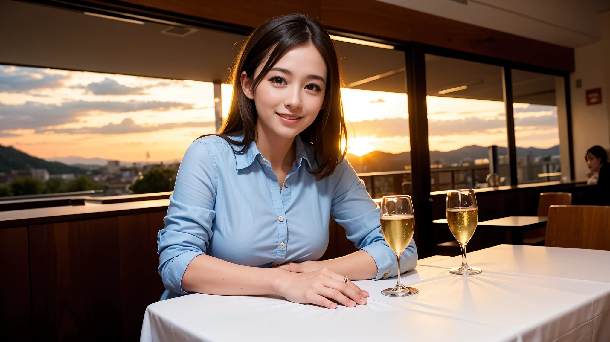 K, Hmm, highest quality, masterpiece: 1.2), (realistic, photorealistic: 1.37), Spectacular view of the sunset sky and clouds、Amazing mountain views、美しいsmile、3 slim beauties, (slim face),Happy、 the best smile、Fox face、Berry Short、(because I&#39;thin), (brown hair), (shortcut), long sleeve shirt、winter fashion、Colombian、Brazilian、Japanese、Dutch、German、Portuguese、Belgian、Italian、French,Champagne、sparKling wine、 (gush out), (slim body), (brown hair), (shortcut), neat beauty、cheeKs turn a little red, (42 years old), 38 years old, alone, A beautiful and detailed night view spreads out outside the window...., restaurant, wine glass is sitting, At night, in a prominent place (from the Upper body) nova frog style, actress, model, Upper body, White wine, slim, wine glass, Very beautiful night view, wine glass Put in the Middle, Happy smile, (smile: 1.15), 