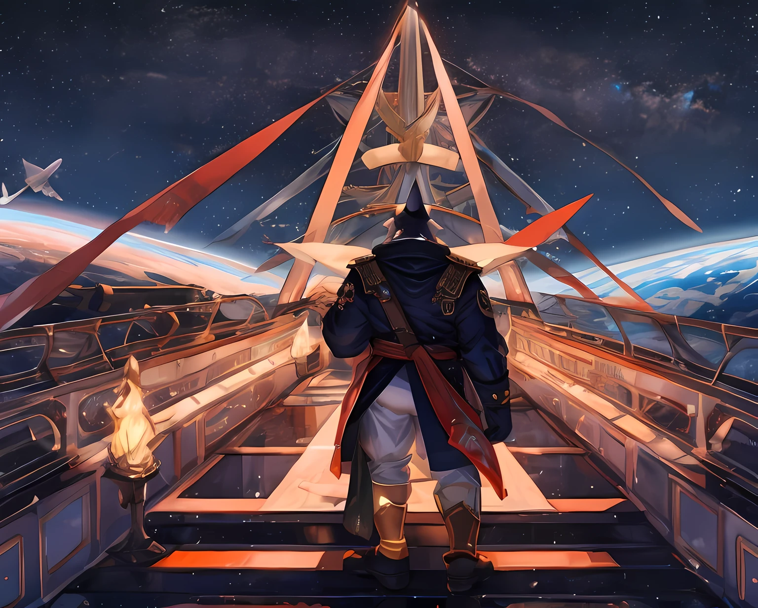 Anthropomorphic, (Solo), Anthro male, Single, Male, Muscle, Lone Orca, 50 years old, in a King clothes, airplanes ship, Perfect scaling, Masterpiece, by Zixiong, many peoples celebrate the star holiday, in the tower alone watching from above, Embrace the Sky, Stargazing, Beautiful atmosphere, on the space