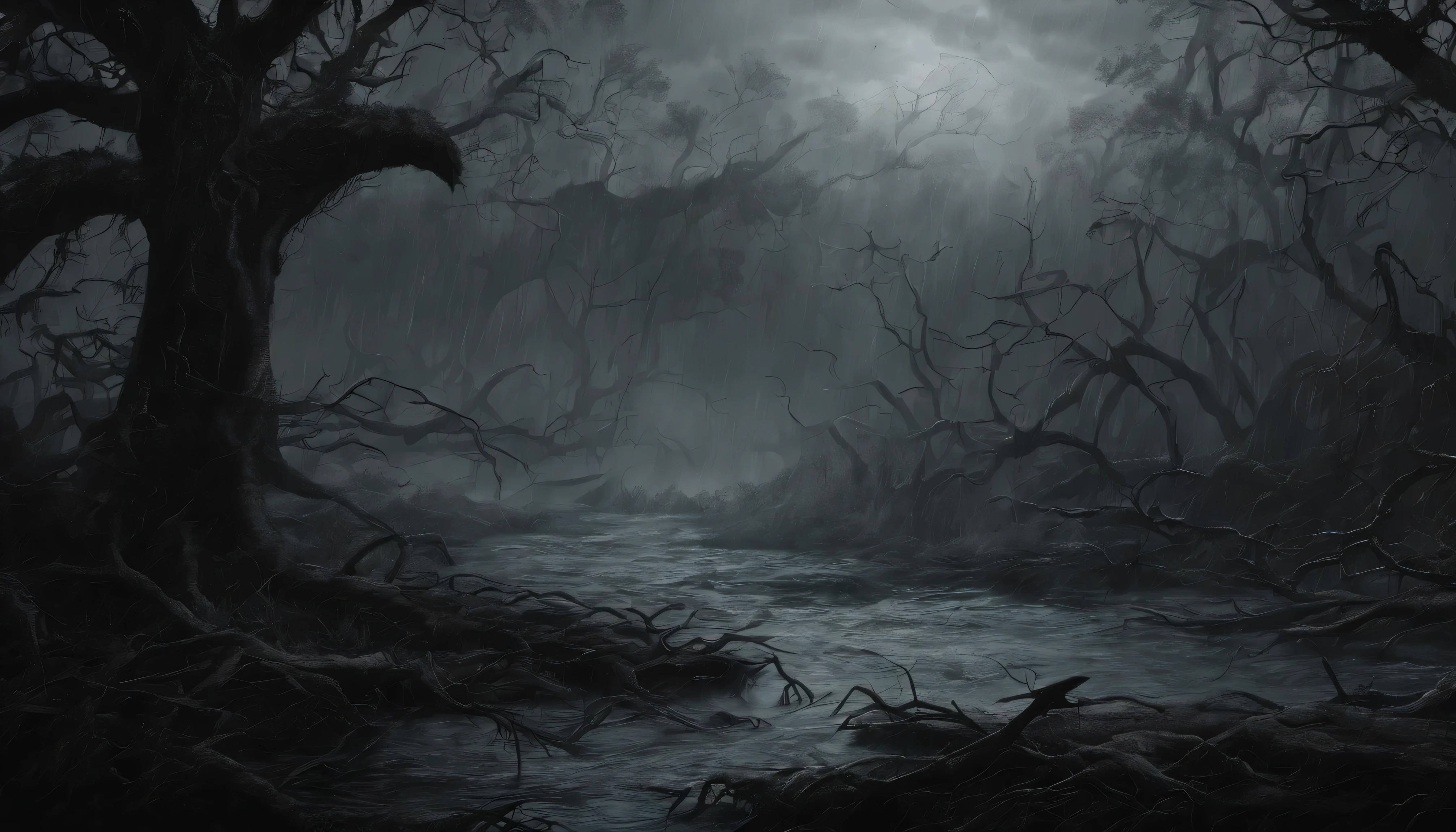 Design an image depicting an intense night storm scene over an ancient rainforest. The sky above is a canvas of chaotic beauty, with lightning bolts illuminating the dense canopy below. Each flash reveals the rich, wet leaves of towering trees and the intricate ecosystem that thrives under their shelter. The storm's fury is juxtaposed with the enduring calm of the forest, highlighting the timeless dance between nature's tempests and the tranquility of the ancient woodlands. Include the occasional glimpse of a waterfall or river, its waters surging in response to the downpour, adding to the scene's dynamic beauty