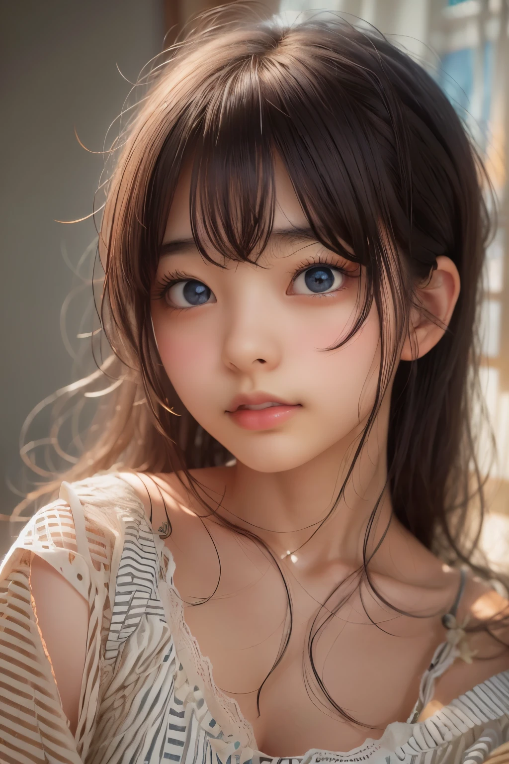 Ultra High Resolution, (Realistic: 1.4), RAW Photo, Best Quality, (Photorealistic), Focus, Soft Light, ((25 years old)), ((Japanese)), (Front, Young Face))), (Depth of Field), (One Piece), Masterpiece, (Photoreal), Woman, Bangs, (( off-the-shoulder top, Bedroom, 1 Girl))