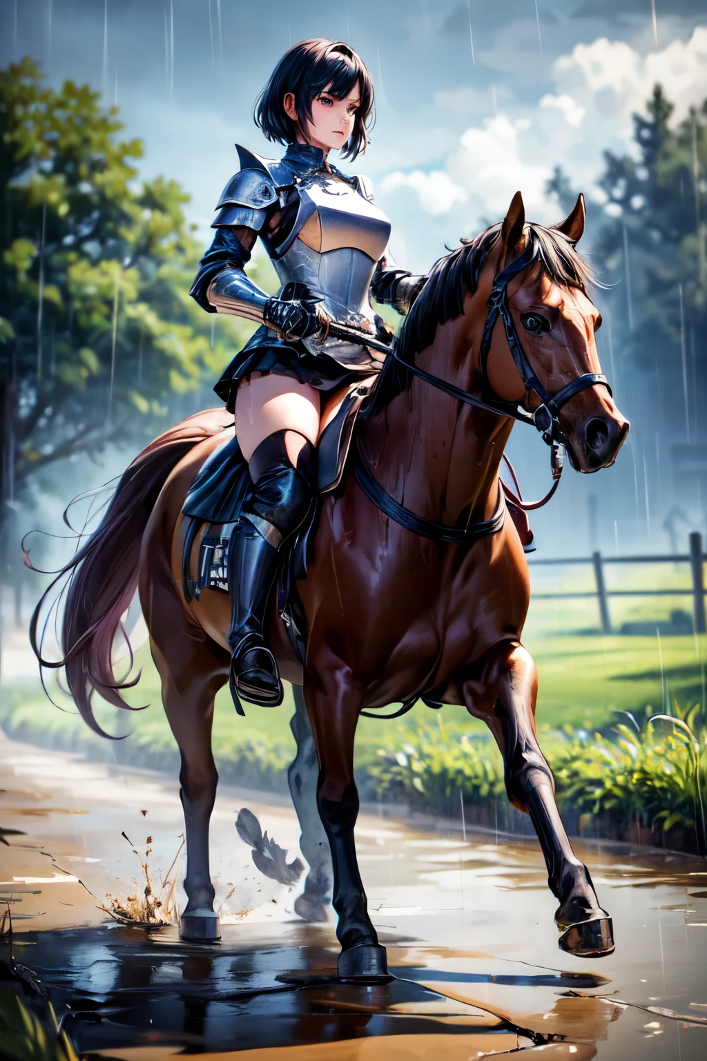 8k, realistic, vivid colors, ((best quality)), ((masterpiece)), (detailed), perfect face, pixie cut, {black hair}, BREAK, horseback riding, brown horse, (saddle, stir ups, rein), running: 1.2, 20 years old, female knight, (black armor, black gauntlet, black miniskirt, black armored boots), outdoor, ((raining)), muddy landscape, wet body, anatomically correct,