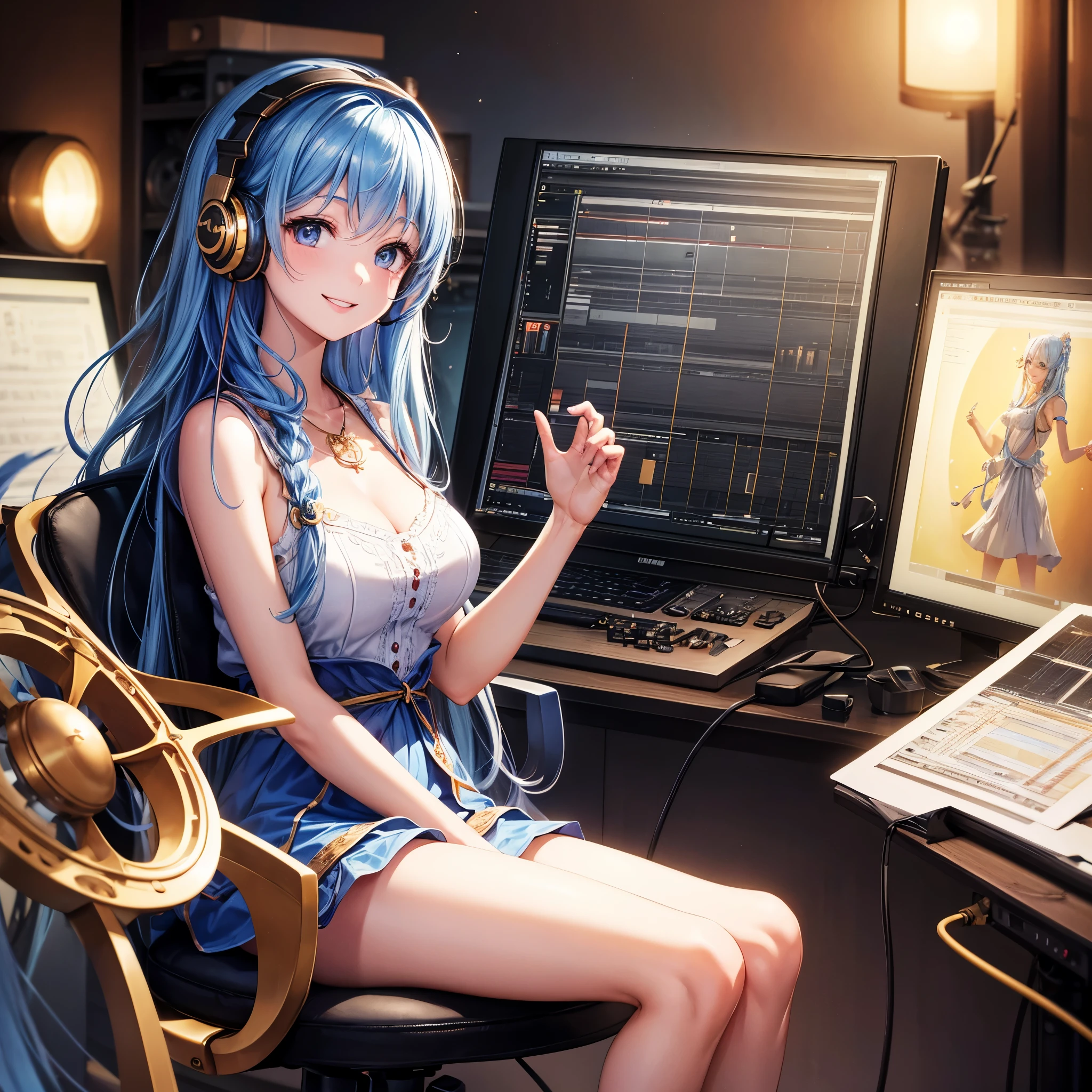 Masterpiece, superior quality, ultra-detailed, 8k drawing under CG unity, a woman looking directly at the observer, summer subject, a charmed and happy look, in the music studio, smiling, with long blue hair with headset