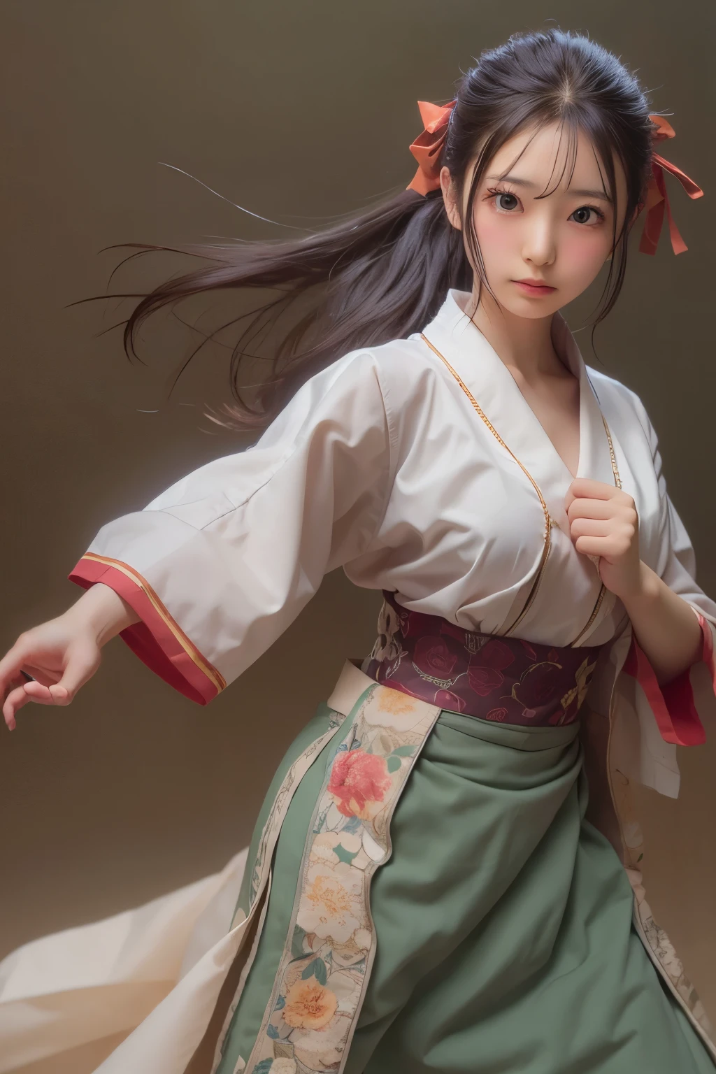 master piece , best quality , (matured female) , japanese , (fighting pose) , from front , blouse , skirt

