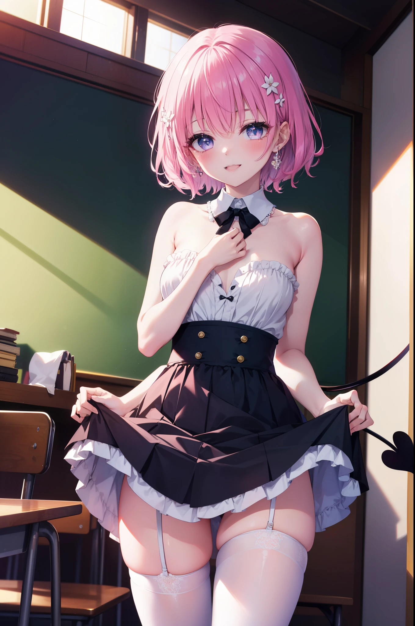 Momodeviluke, Deviluke type, demon tail, hair flower, hair ornaments, (purple eyes:1.1), pink hair, short hair, tail, happy smile, smile, open your mouth,
break demon tail, she was wearing a maid's long skirt,bare shoulders,bare chest, white stockings on her legs, Lift the long skirt with both hands,
break indoors, classroom,
break looking at viewer, (cowboy shot:1.5),
break (masterpiece:1.2), highest quality, High resolution, unity 8k wallpaper, (figure:0.8), (beautiful detailed eyes:1.6), extremely detailed face, perfect lighting, extremely detailed CG, (perfect hands, perfect anatomy),