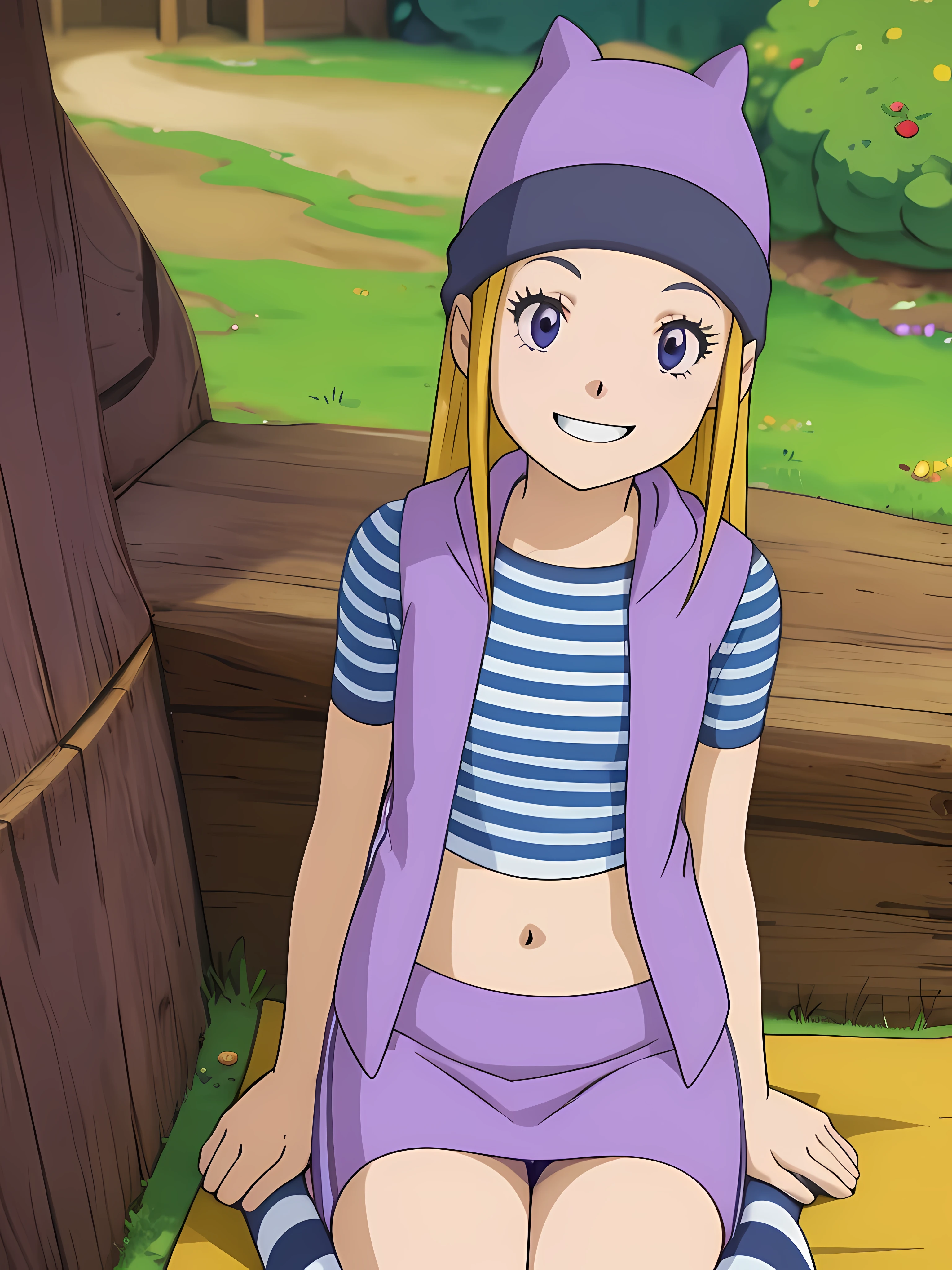 zoe orimoto,purple beanie,purple vest,purple miniskirt,blue white striped shirt,midriff,blond hair,smile,seated on the ground,wind blowing,hair moving,(best quality:1.2),ultra-detailed,realistic:1.37,professional,vivid colors,portraits