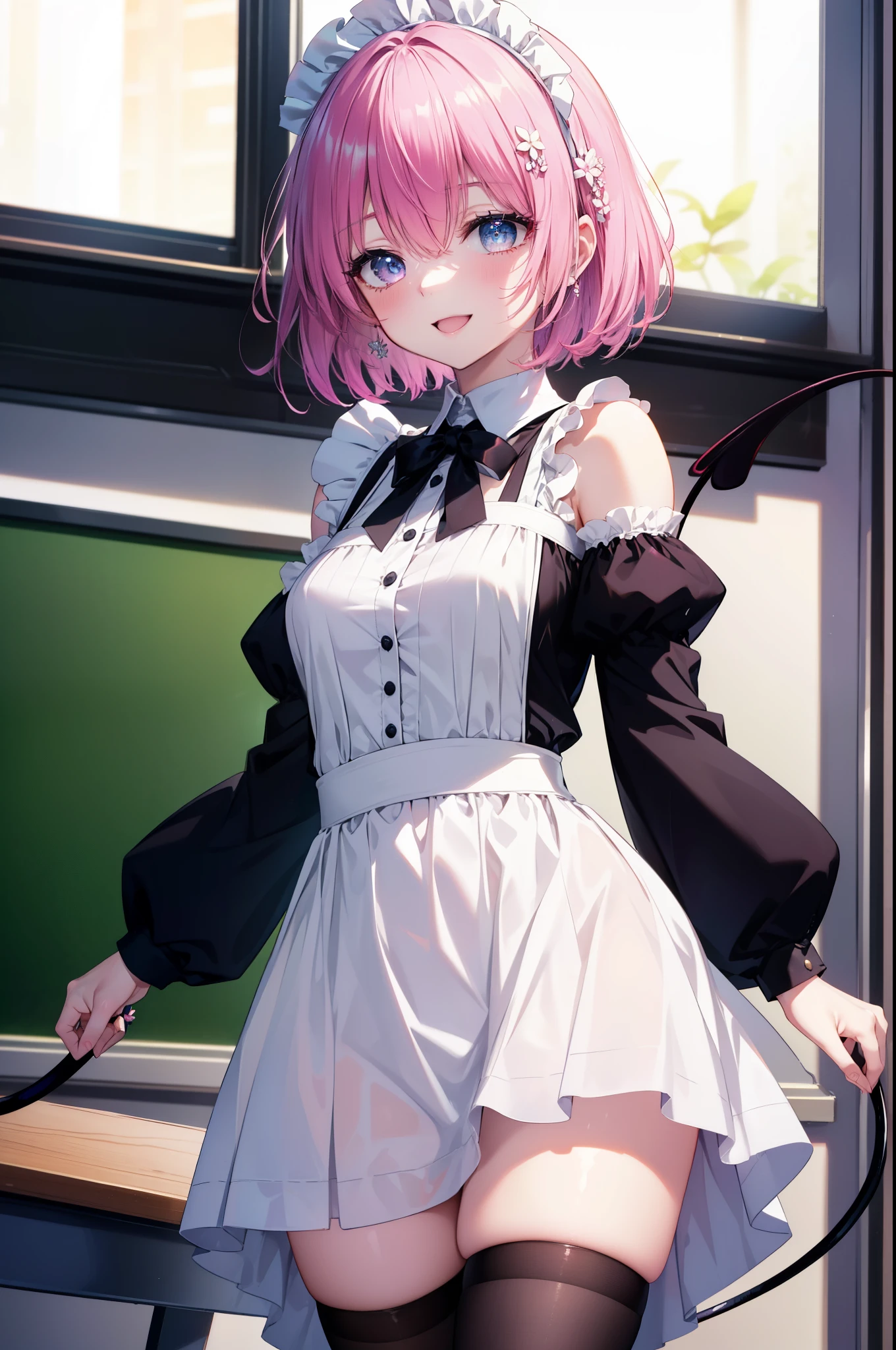 Momodeviluke, Deviluke type, demon tail, hair flower, hair ornaments, (purple eyes:1.1), pink hair, short hair, tail, happy smile, smile, open your mouth,
break demon tail, she was wearing a maid's long skirt,bare shoulders,bare chest, white stockings on her legs, Lift the long skirt with both hands,
break indoors, classroom,
break looking at viewer, (cowboy shot:1.5),
break (masterpiece:1.2), highest quality, High resolution, unity 8k wallpaper, (figure:0.8), (beautiful detailed eyes:1.6), extremely detailed face, perfect lighting, extremely detailed CG, (perfect hands, perfect anatomy),