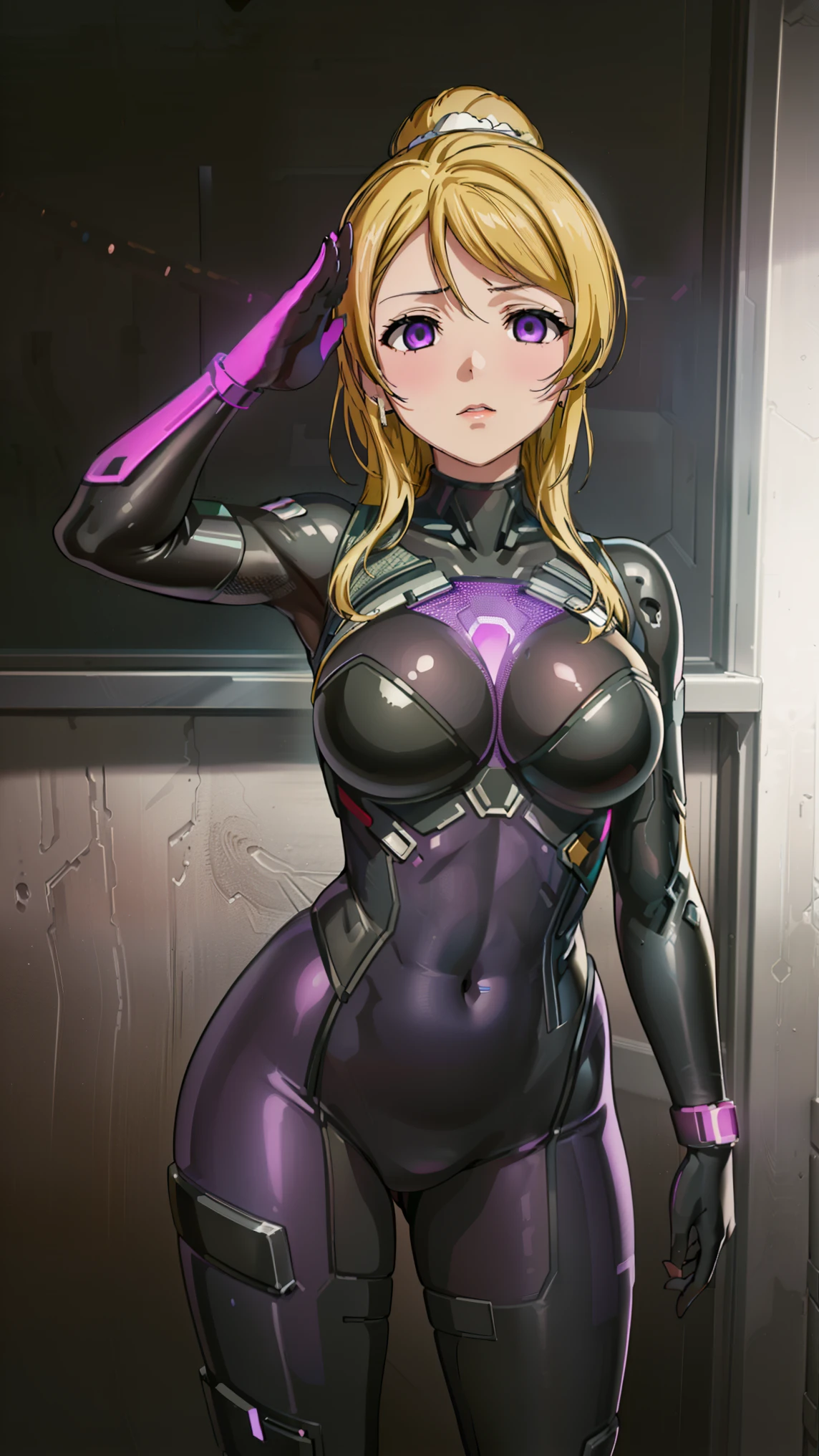 1 girl,NSFW,Ayase picture, (lovelive), VR, clavicle, absurd, brainwashing,Combatant, empty eyes,((purple glowing eyes 1.5))( huge breasts ), No expression, emotions removed,((black bodysuit)),look away , whole body shape, ((stand up, salute)),(highest quality、4k、8K、High resolution、must have:1.2)、Super detailed、(reality、It&#39;s realistic、realistic:1.37)、ticker、hyper hd、studio lighting、ultra definition paint、sharp focus、Physically based rendering、extreme details、Professional specifications、vibrancy and color、blurry、sports portrait、landscape、horror style、anime big breasts、SF、photograph、concept artist、five fingers, perfect body,  {{{masterpiece}}}, {{{highest quality}}}, {{Super detailed}}, {shape}, {{very delicate and beautiful}},Improved cost performance、all roles、Canon 5D MK4でphotograph、photograph, 