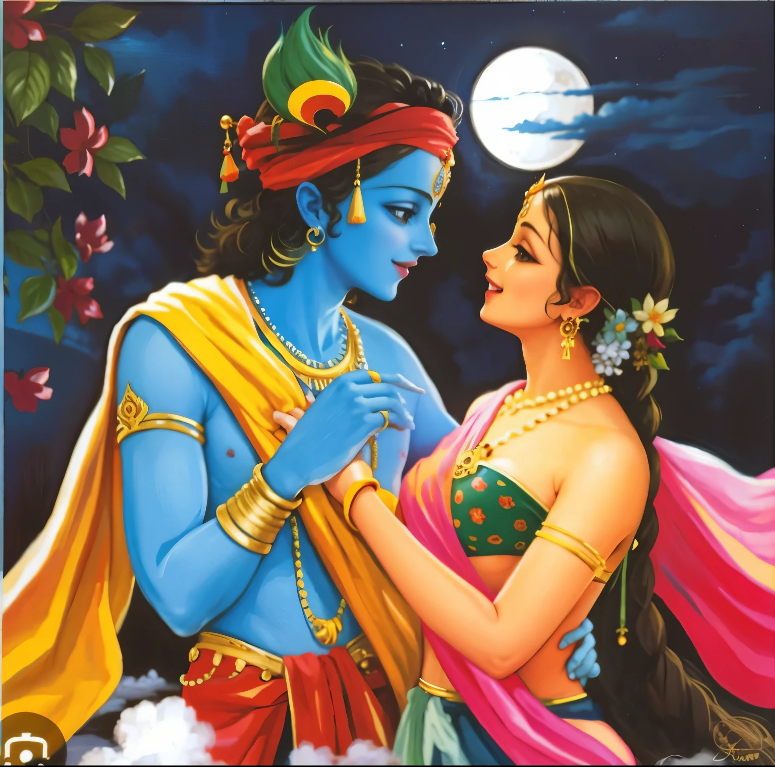 RadhaKrishna looking at each other, adorable faces, divine smiles, moonlit night