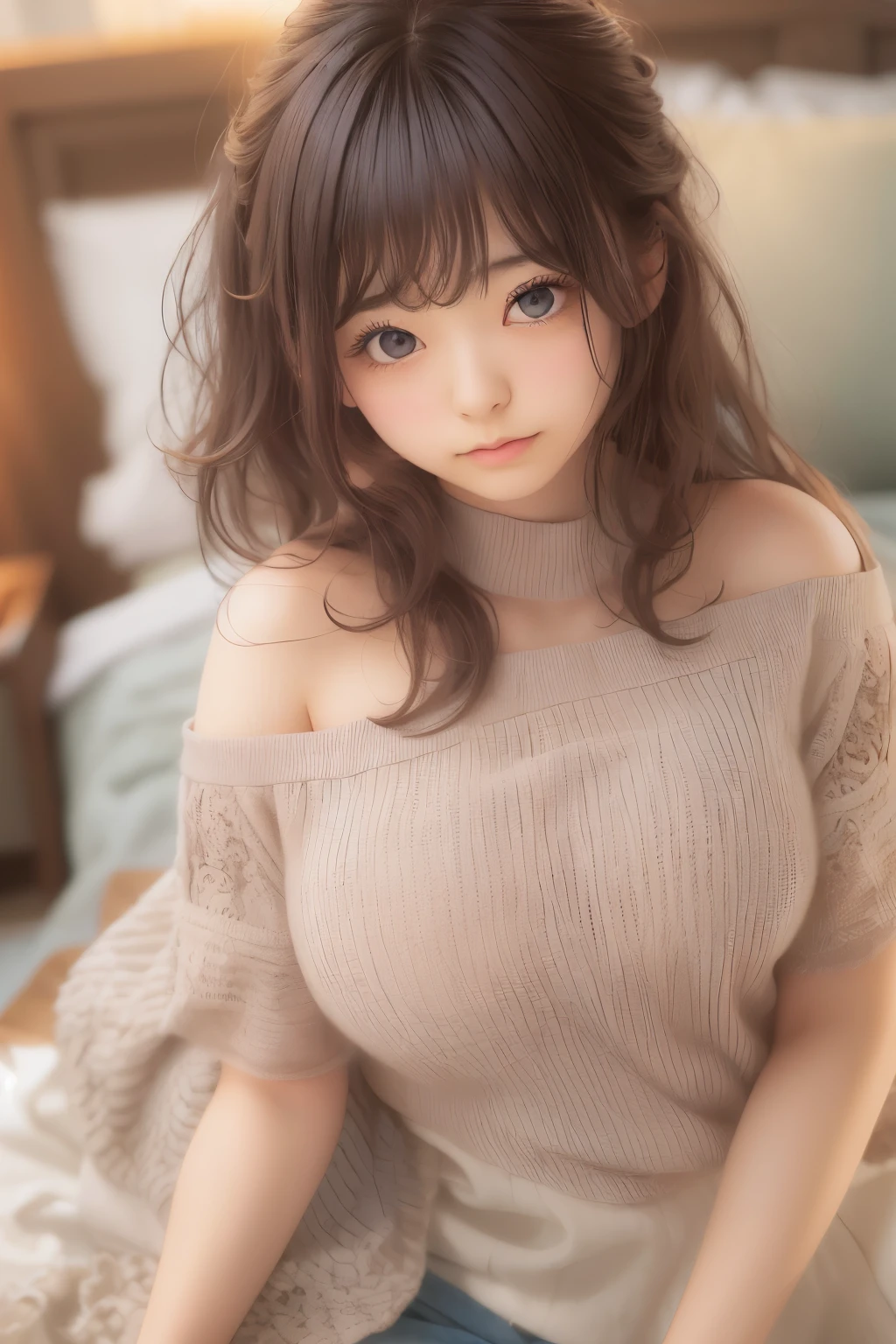 Ultra High Resolution, (Realistic: 1.4), RAW Photo, Best Quality, (Photorealistic), Focus, Soft Light, ((25 years old)), ((Japanese)), (Front, Young Face))), (Depth of Field), (One Piece), Masterpiece, (Photoreal), Woman, Bangs, (( off-the-shoulder top, Bedroom, 1 Girl))