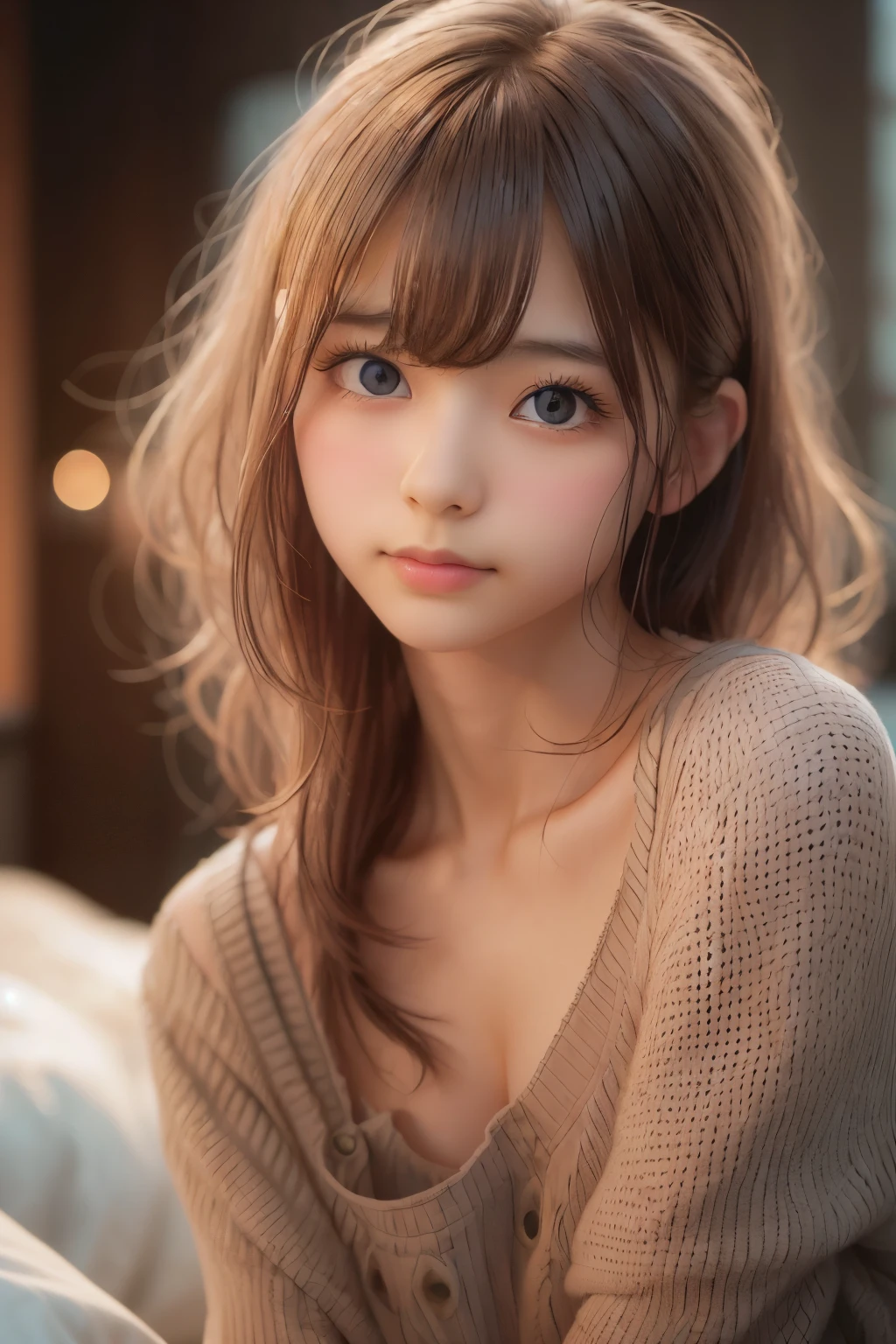 Ultra High Resolution, (Realistic: 1.4), RAW Photo, Best Quality, (Photorealistic), Focus, Soft Light, ((25 years old)), ((Japanese)), (Front, Young Face))), (Depth of Field), (One Piece), Masterpiece, (Photoreal), Woman, Bangs, (( off-the-shoulder top, Bedroom, 1 Girl))