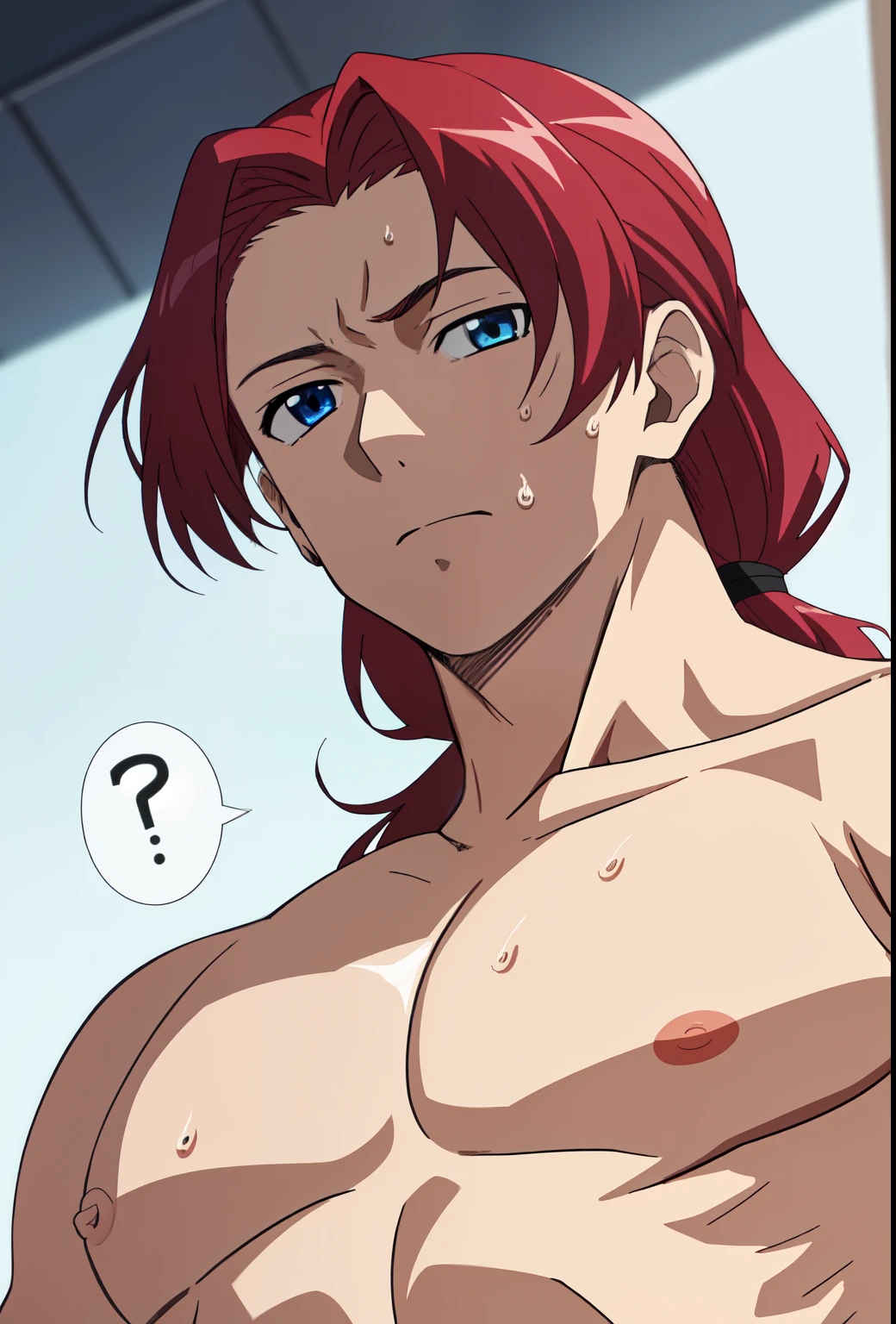 jinshi, long hair, (red hair), (blue eyes), parted bangs, looking at viewer, low ponytail, solo, sweat, blurry background, topless male, 1boy, BREAK
score_9, score_8_up, score_7_up, score_6_up, anime?,((perspective from afar))