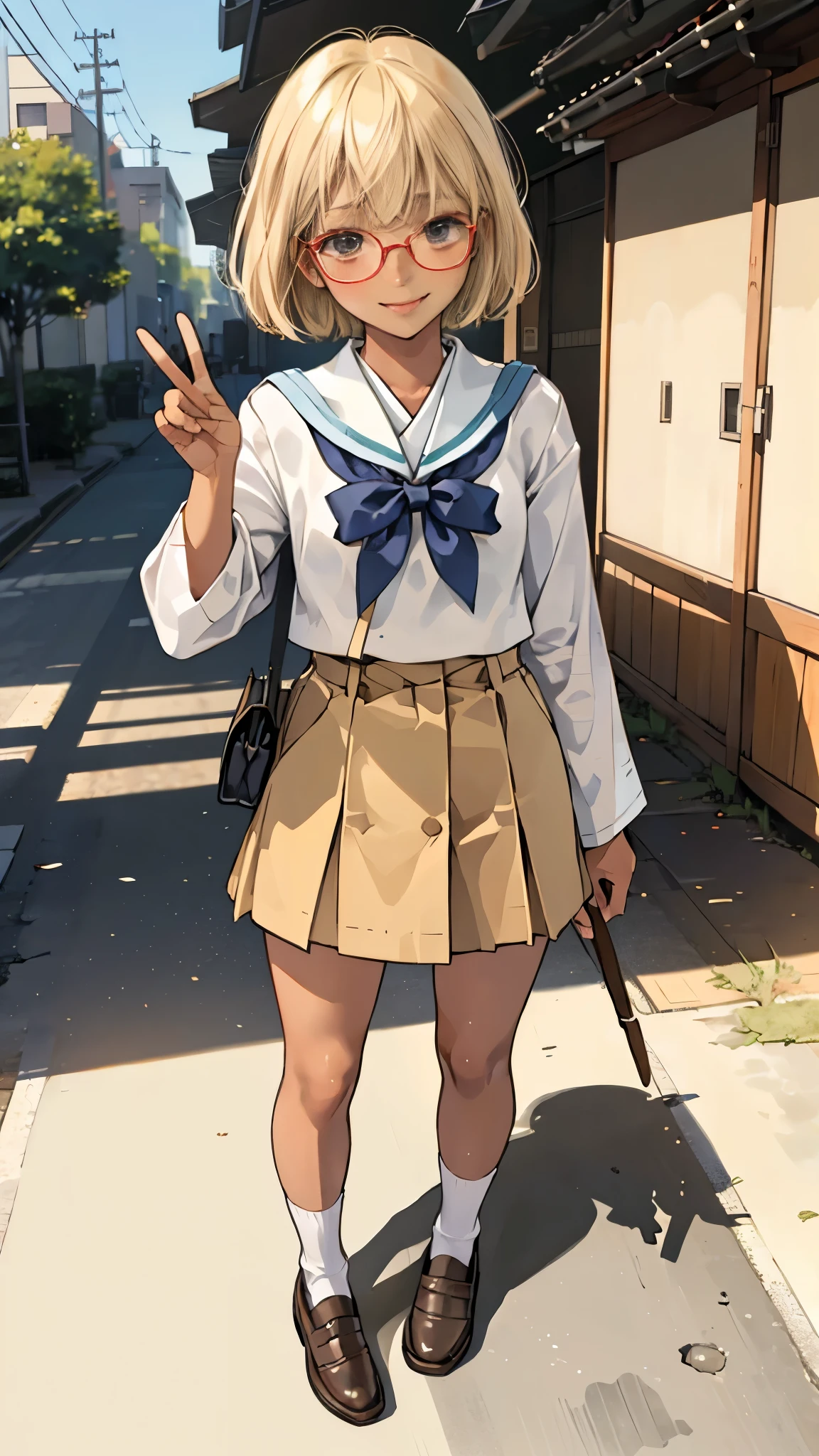 (super flat, flat shading), Honors Type, Really blushing, 17 years old, Japanese school girl, Short bob cut blonde hair, Glasses, (((sun burn dark skin))), sweaty healthy body, mesugaki smile, , bare legs, loafers, ultra realistic, early morning, standing in crowded street, v sign, stick out tongue