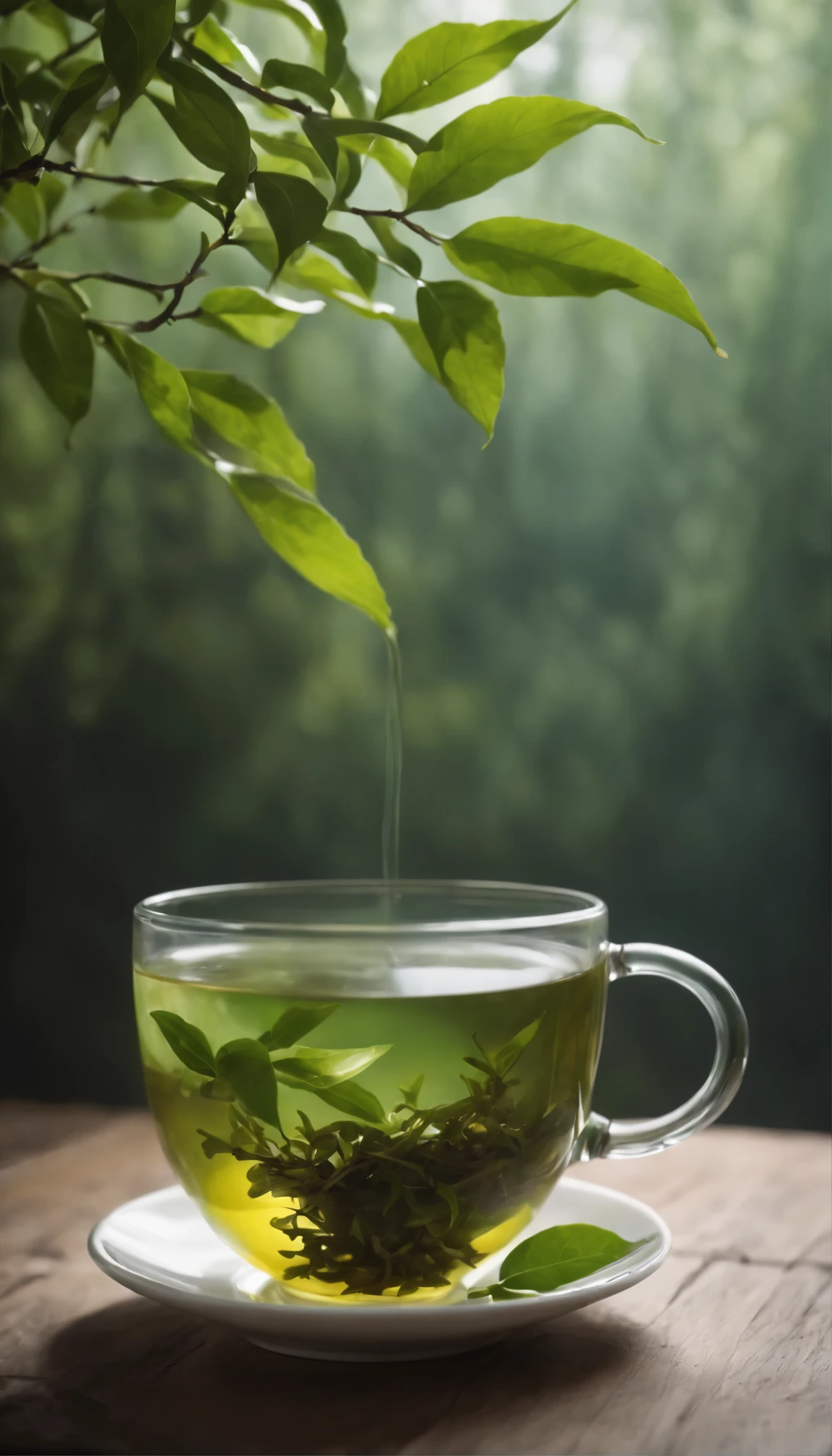 on the table、top quality、Realism、surreal、(Green tea steamed tea cup)、((just under the water, you can see the small, Thin branches float vertically))