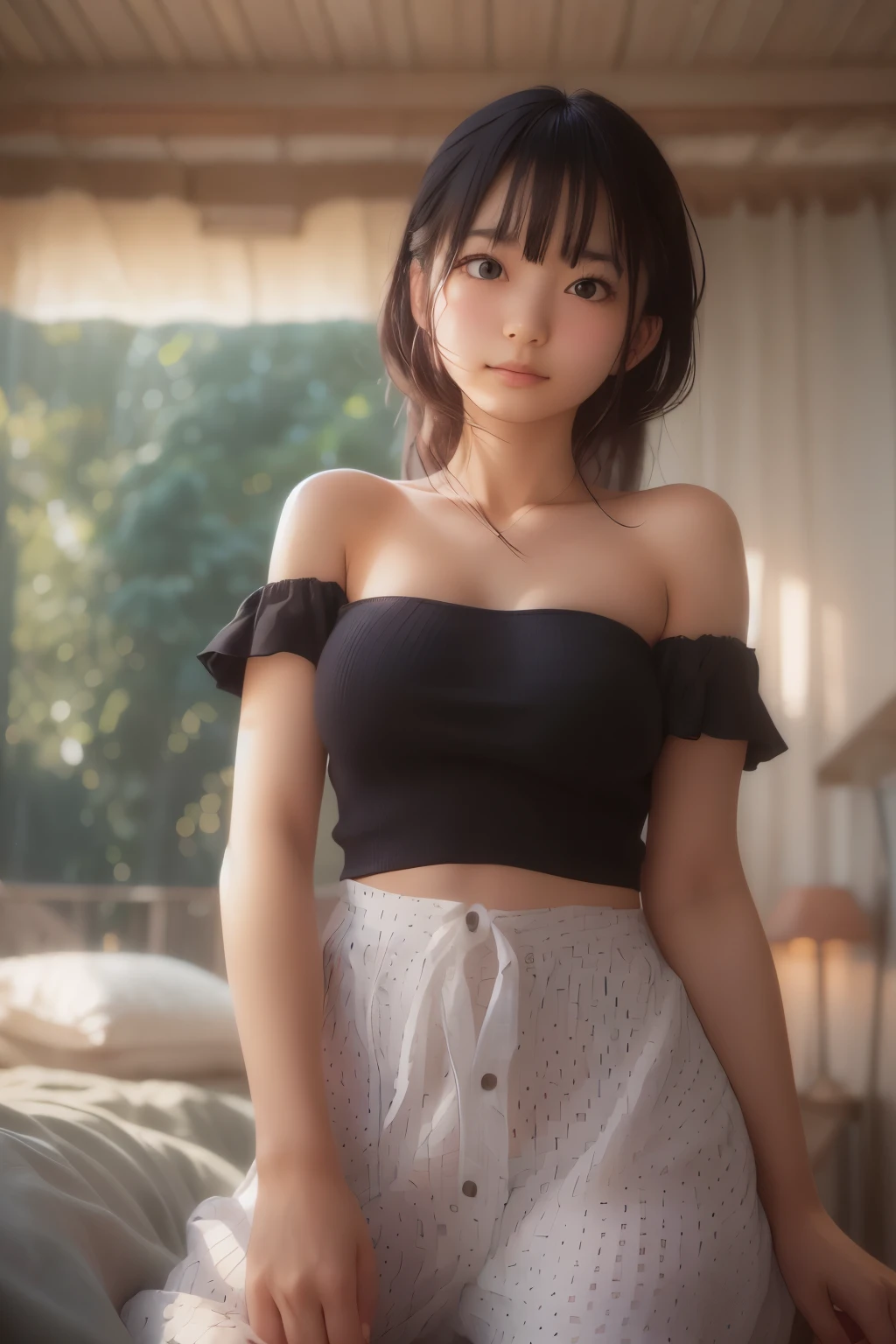 Ultra High Resolution, (Realistic: 1.4), RAW Photo, Best Quality, (Photorealistic), Focus, Soft Light, ((25 years old)), ((Japanese)), (Front, Young Face))), (Depth of Field), (One Piece), Masterpiece, (Photoreal), Woman, Bangs, (( off-the-shoulder top, Bedroom, 1 Girl))