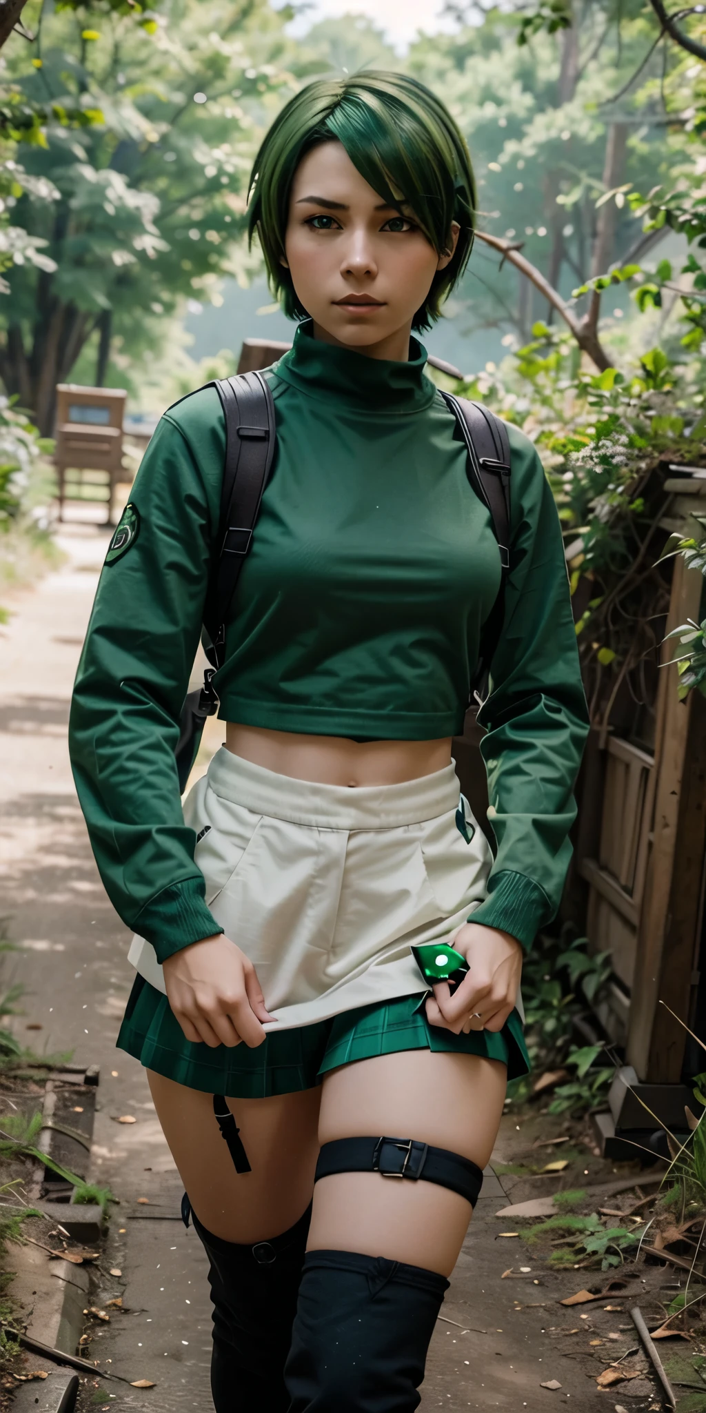 A fierce and independent ranger (anime waifu) with short green hair and piercing green eyes, who lives a life of adventure in the wild