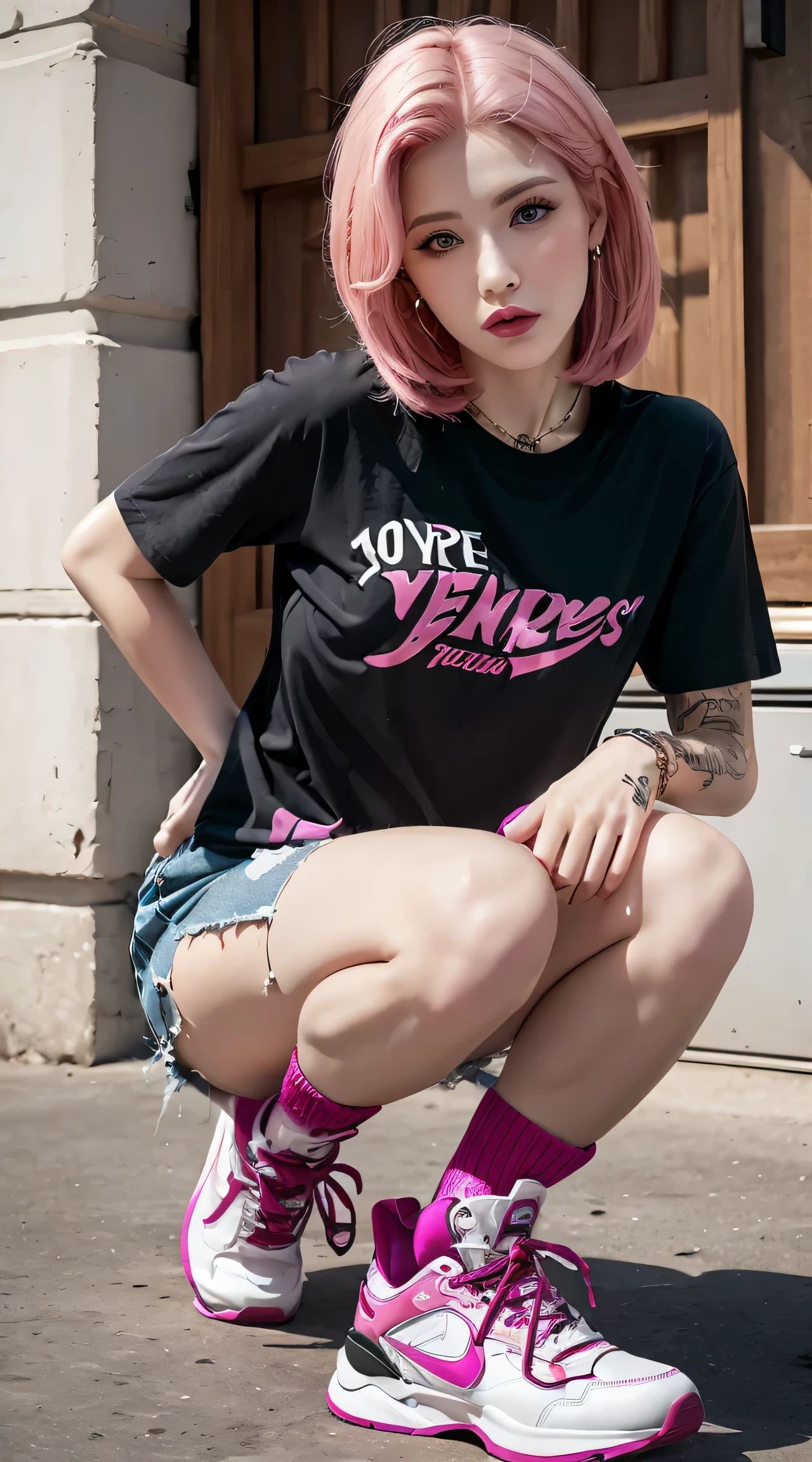 realistic, High resolution, 1 female, mature woman, alone, hip up, jewelry, tattoo, streetwear, T-shirt, pink hair, hot pants, sitting, sports boots,((I can see your nipples)), ((erect nipples)),