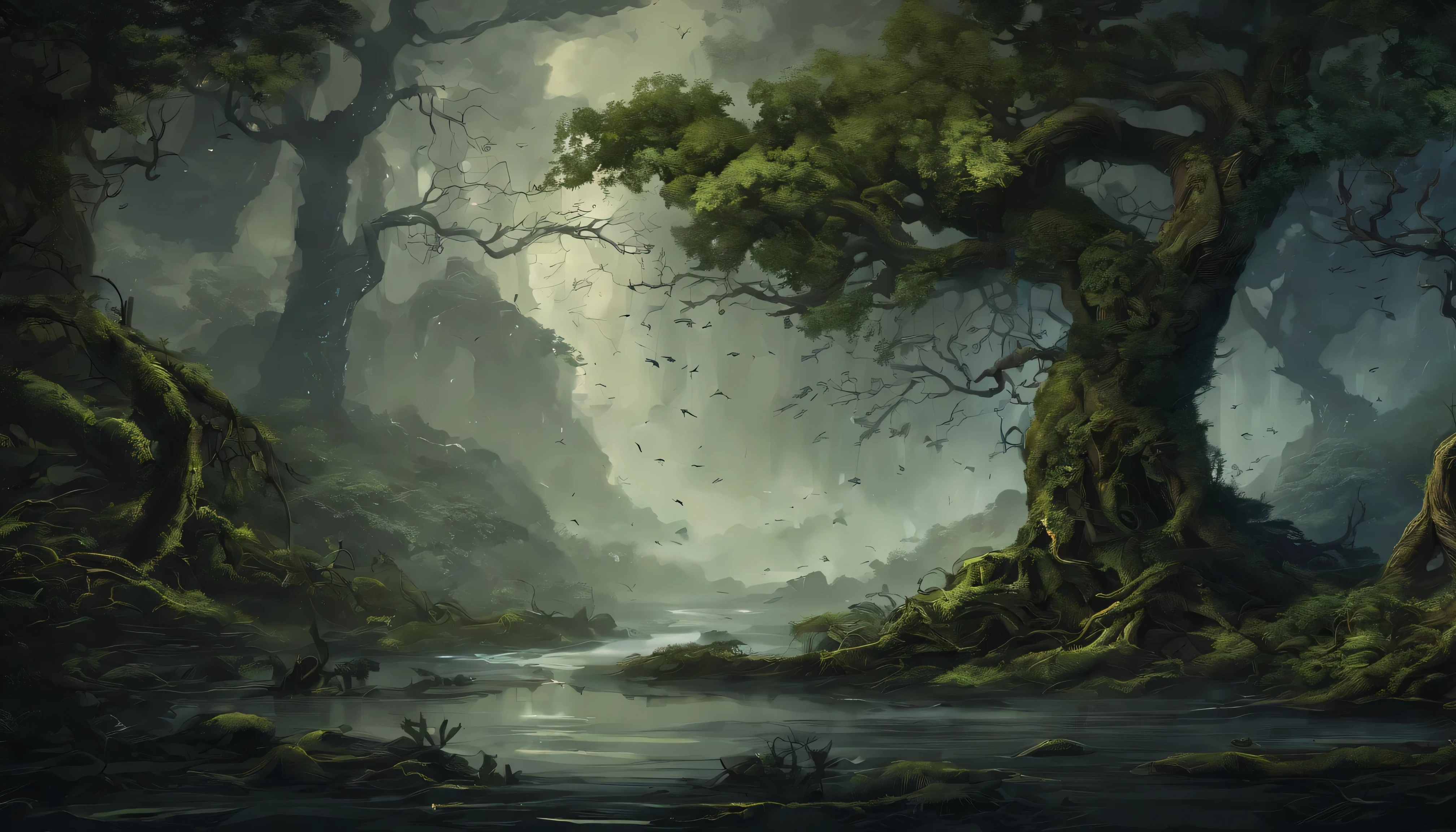 Design an image depicting an intense night storm scene over an ancient rainforest. The sky above is a canvas of chaotic beauty, with lightning bolts illuminating the dense canopy below. Each flash reveals the rich, wet leaves of towering trees and the intricate ecosystem that thrives under their shelter. The storm's fury is juxtaposed with the enduring calm of the forest, highlighting the timeless dance between nature's tempests and the tranquility of the ancient woodlands. Include the occasional glimpse of a waterfall or river, its waters surging in response to the downpour, adding to the scene's dynamic beauty
