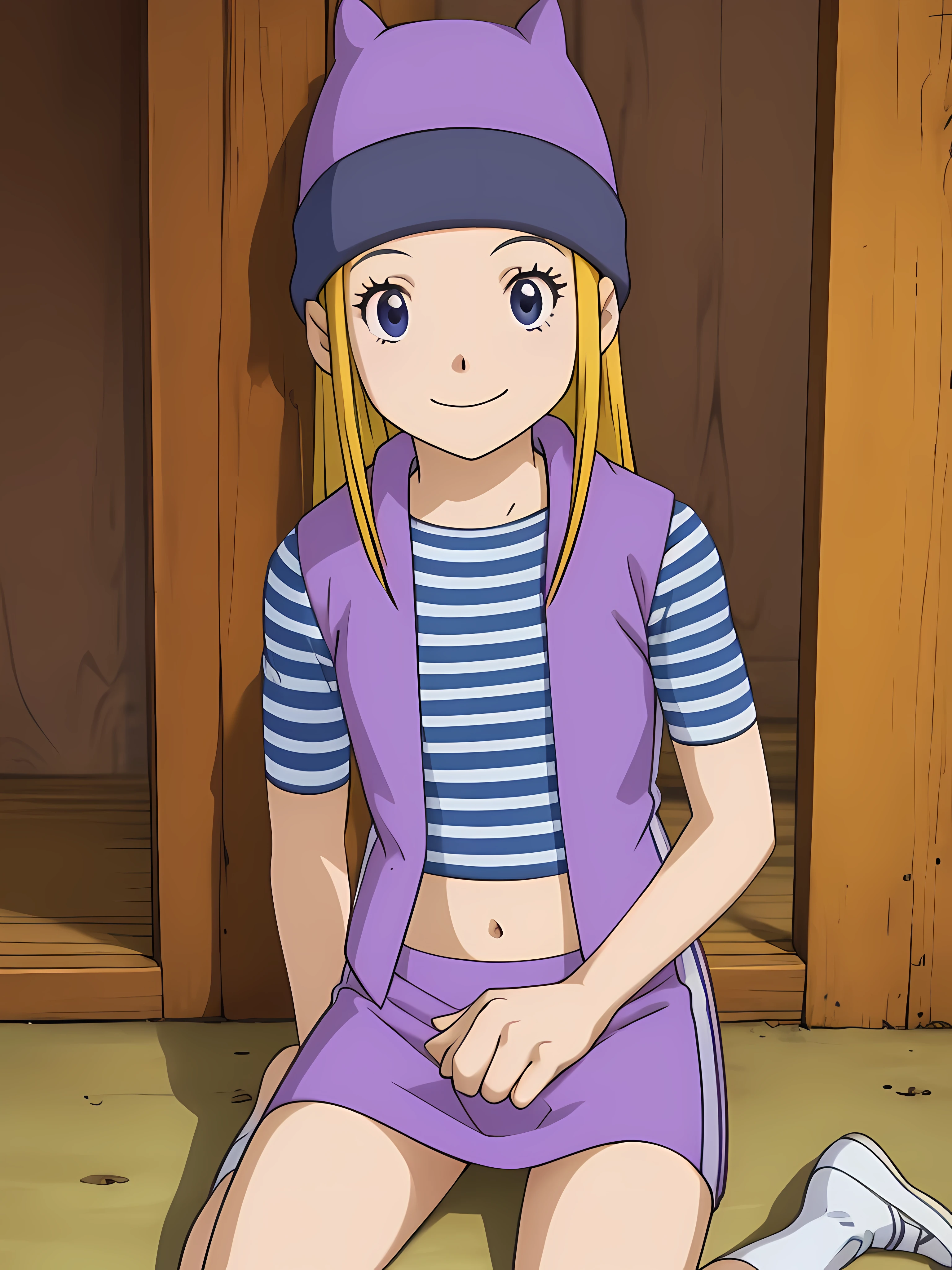 zoe orimoto,purple beanie,purple vest,purple miniskirt,blue white striped shirt,midriff,blond hair,smile,seated on the ground,wind blowing,hair moving,(best quality:1.2),ultra-detailed,realistic:1.37,professional,vivid colors,portraits
