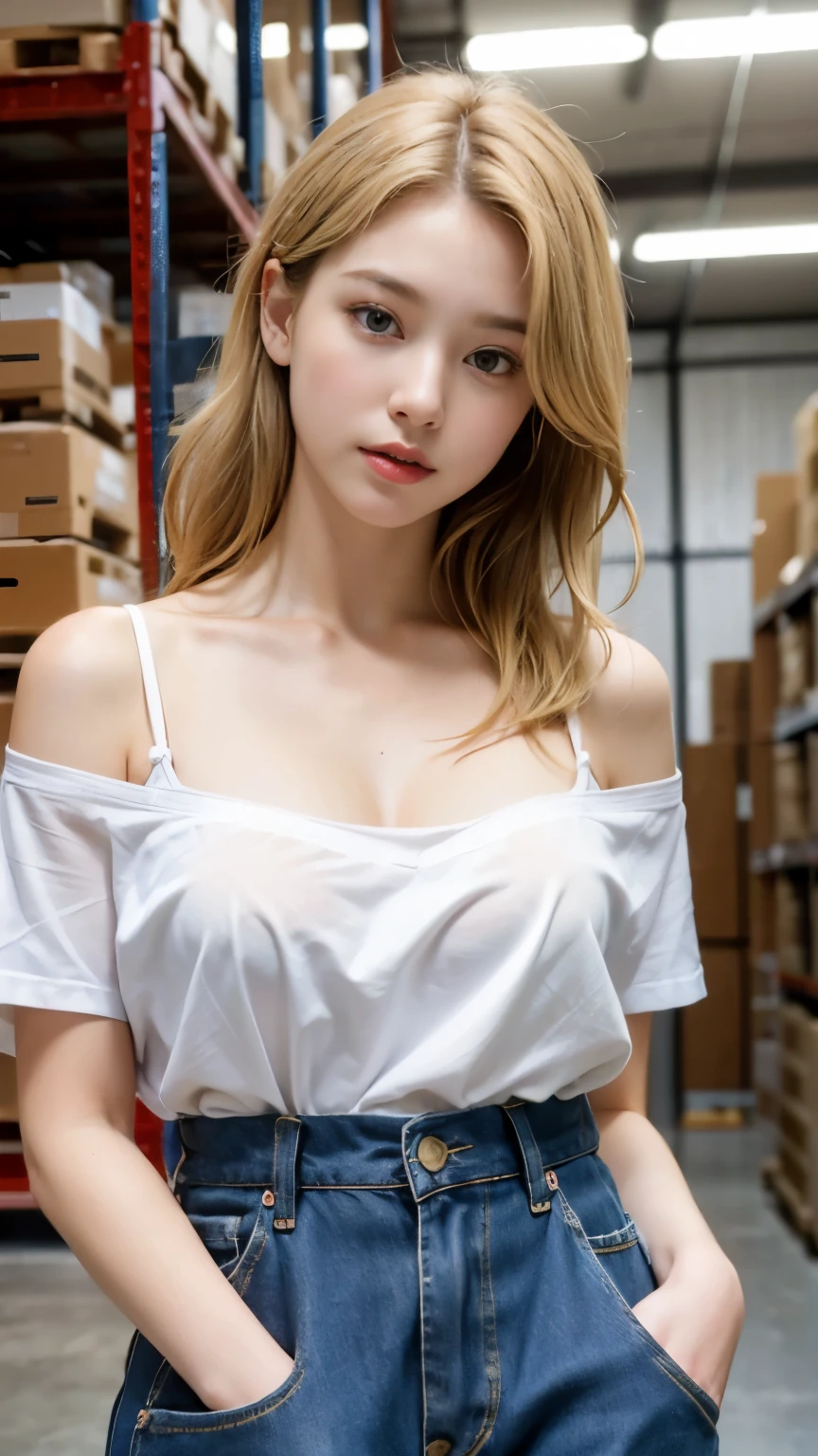 (((best quality, 8 thousand, masterpiece:1.4)), (20 year old woman), masterpiece, distinct, highres, high_quality, wide_shot, small_face, absurdly_short_hair, female, sagging_breasts, balancing, stretching, gentle_face, bare_shoulders, center_opening, downblouse, (blonde wavy very long hair), (Put your hands in your pockets), (F cup saggy breasts), Locked in the warehouse, 
