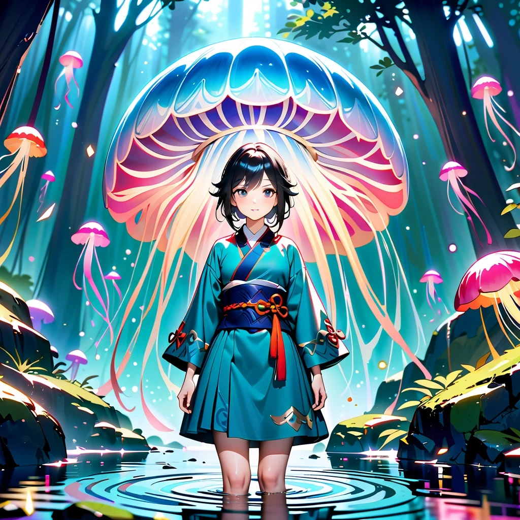 Astonishing, high quality, 4K, Fantasy girl in kimono standing in water with jellyfish, Inspired by《Genshin》Ke Qing, Beautiful anime style artwork, detailed, complicated, lifelike, Vibrant and bright colors, ethereal lights, soft reflection in waters, Tranquil composition, Full body close-up, reflection in water, enchanted forest, anime wallpaper, 2.5d computer graphics image, anime fantasy art, Jellyfish Miko