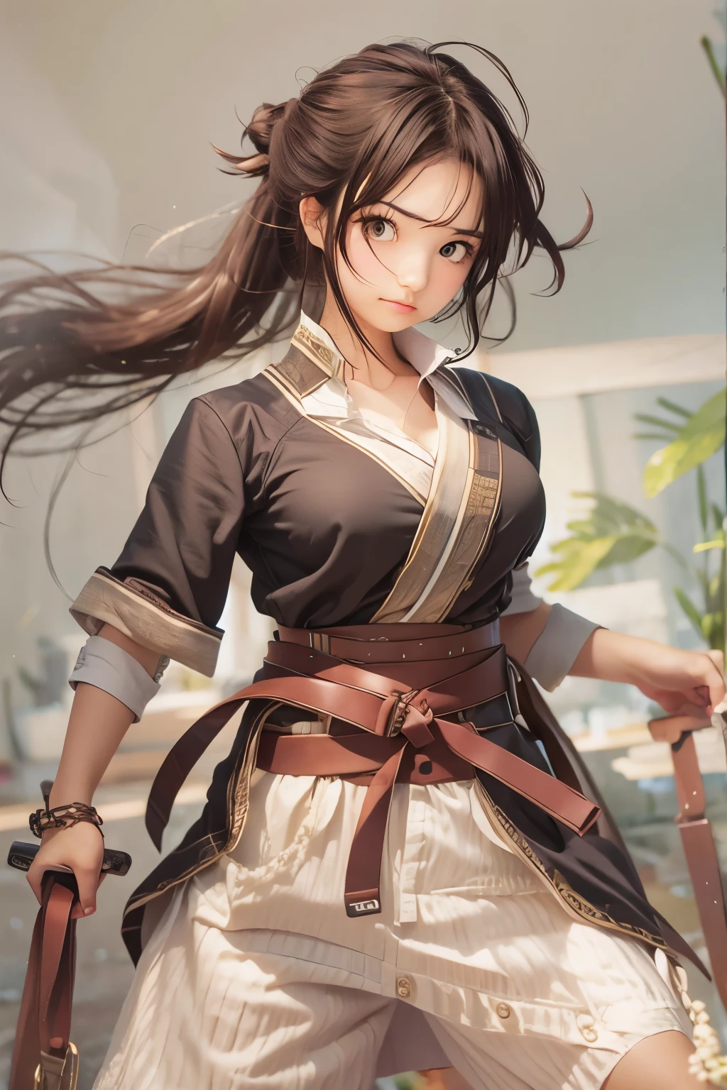 master piece , best quality , (matured female) , japanese , (fighting pose) , from front , blouse , skirt